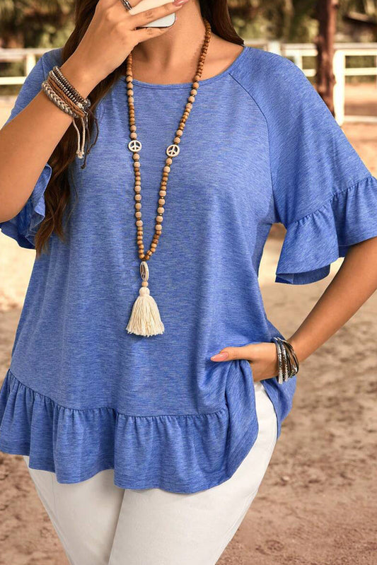 Dusk Blue Ruffle Hem Plus Size Flowy Blouse Wild and Free Boutique