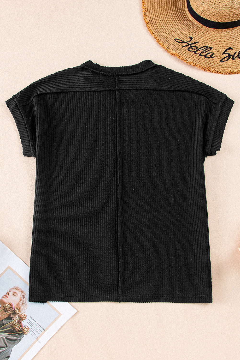 White Crinkle Rib Textured Knit Round Neck T Shirt