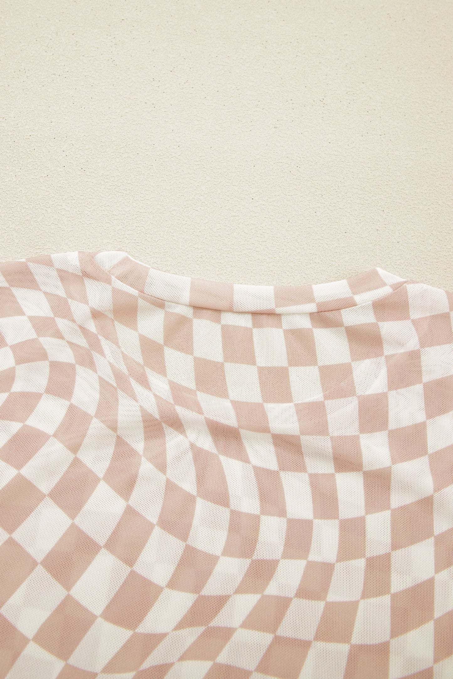 Khaki Checkered Print Mock Neck Mesh T Shirt