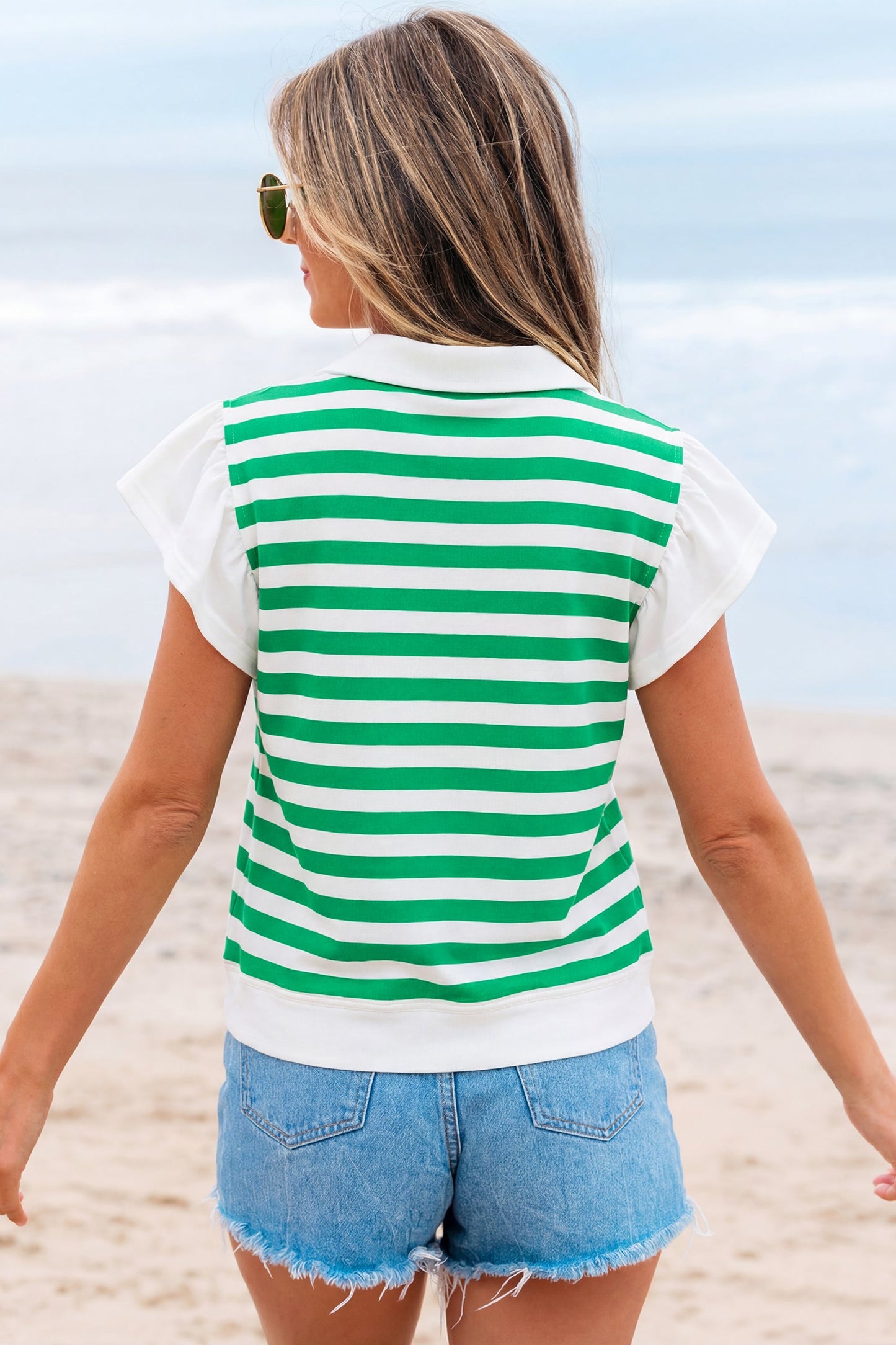 Pink Stripe Collar V Neck Ruffled Short Sleeve Blouse