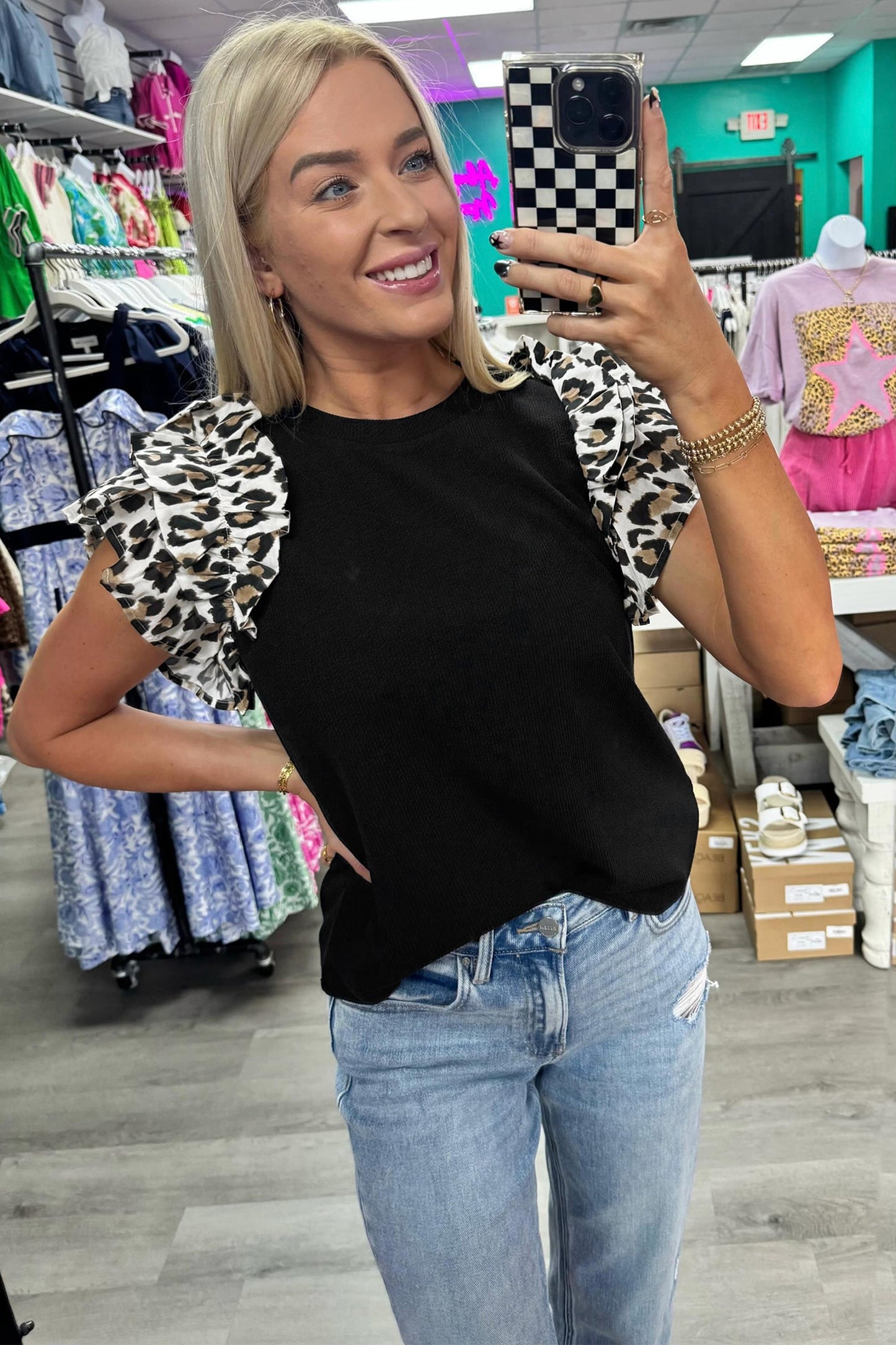 Black Contrast Leopard Ruffled Short Sleeve Ribbed Knit Top