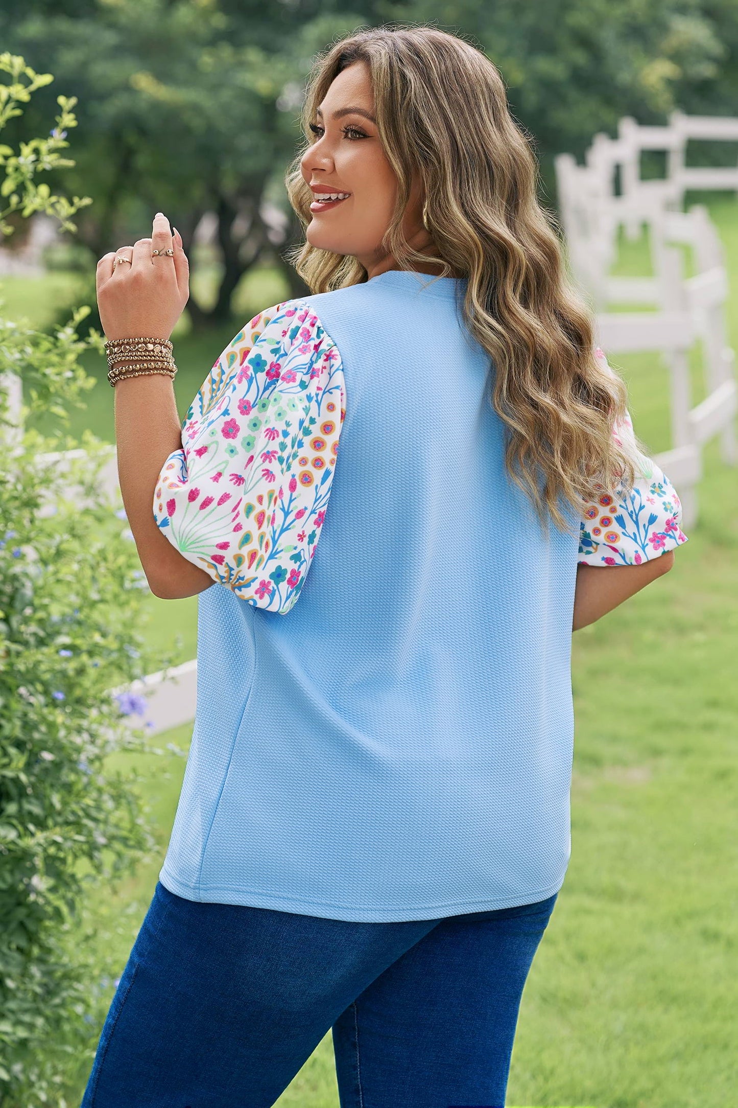 Raelynn Contrast Floral Sleeve PLUS Top Threaded Pear