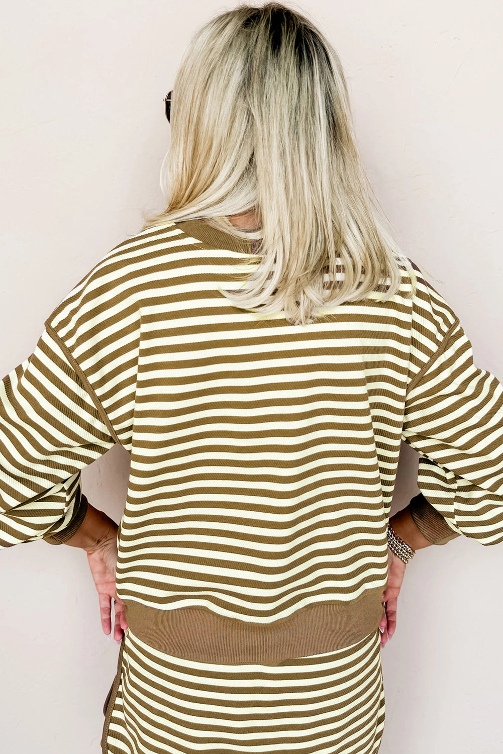 Black Stripe Textured Drop Shoulder Pullover Top Drawstring Mini Skirt Two Piece Dress Set Wild and Free Boutique