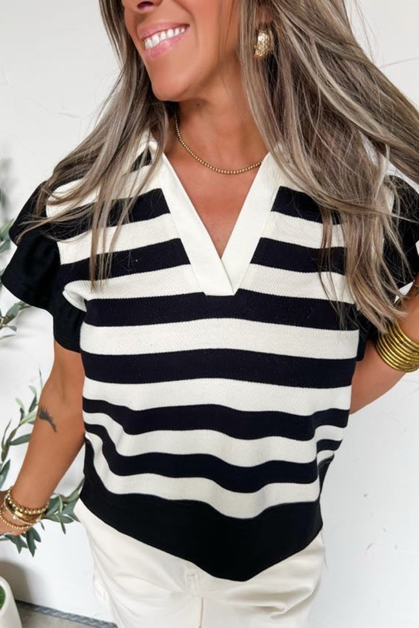 Pink Stripe Collar V Neck Ruffled Short Sleeve Blouse