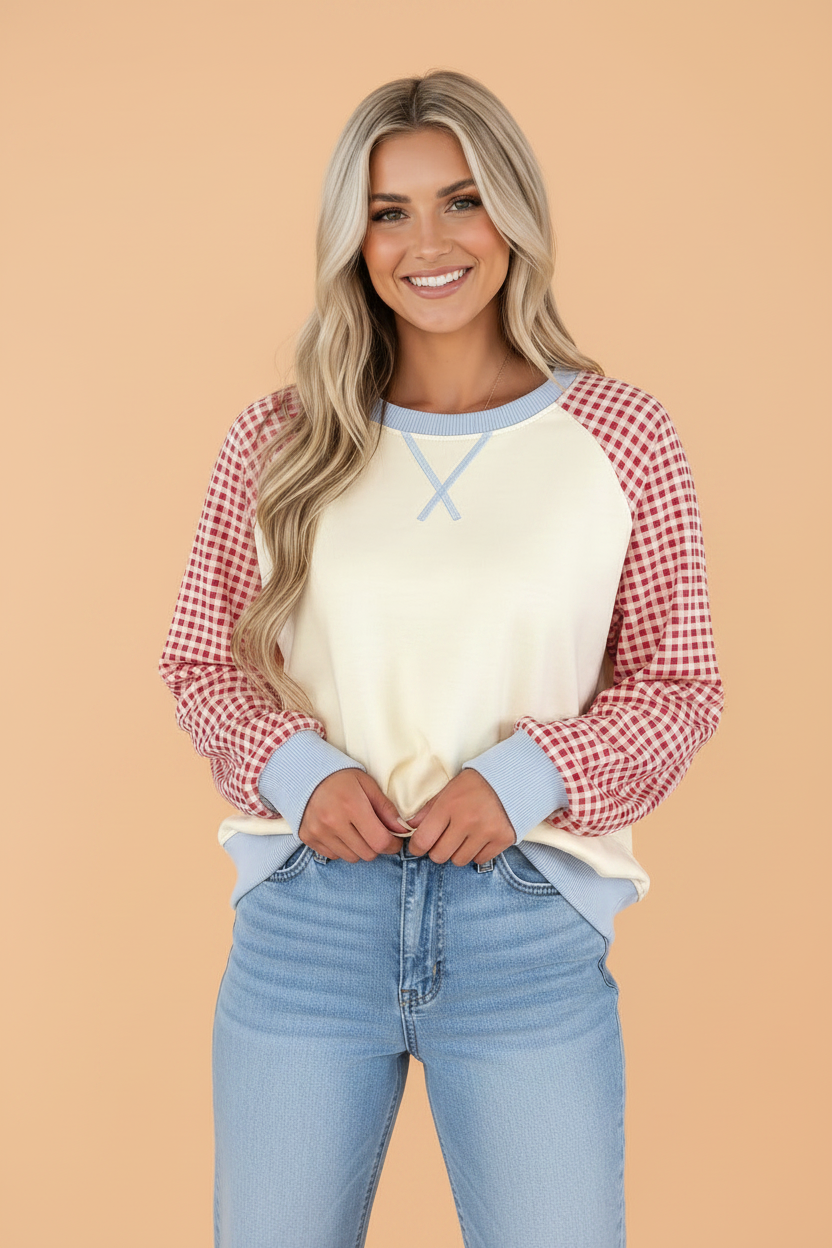 Gingham Colorblock Long Sleeve Raglan Pullover Sweatshirt