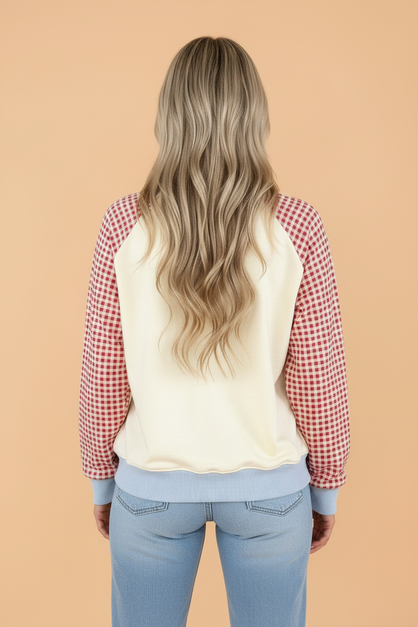 Gingham Colorblock Long Sleeve Raglan Pullover Sweatshirt