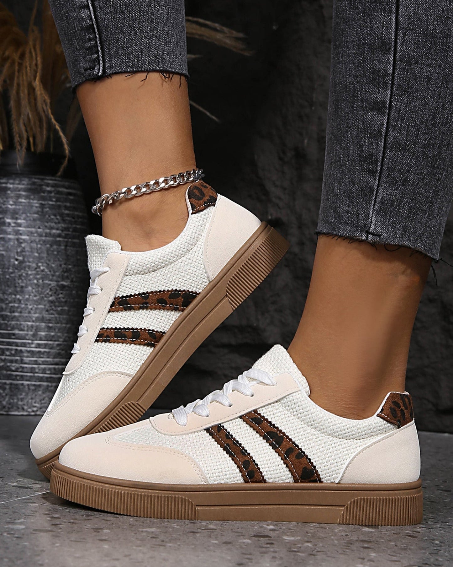 Kamari Textured Woven Leopard Patchwork Flat Sneakers