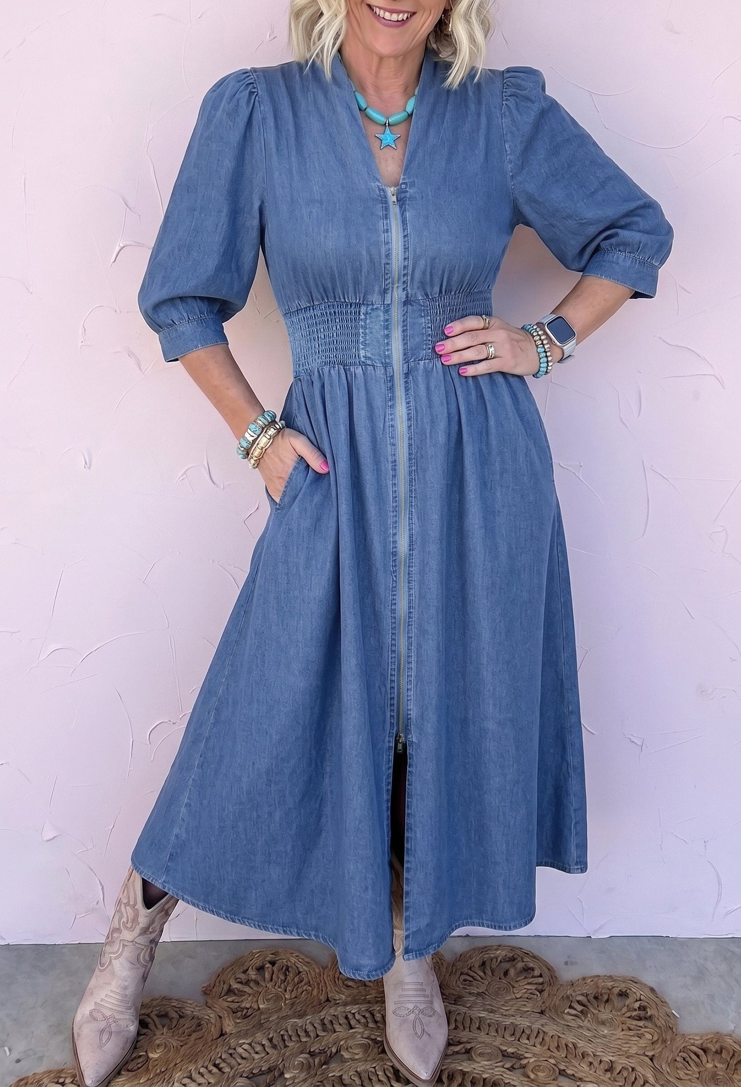Blue V Neck Shirred Waist Metal Zipper Denim Midi Dress