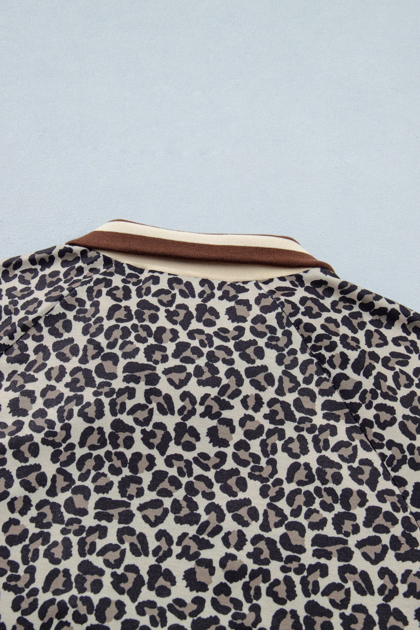 Khaki Leopard Print Half Zip Striped Trim Patchwork Short Sleeve Top
