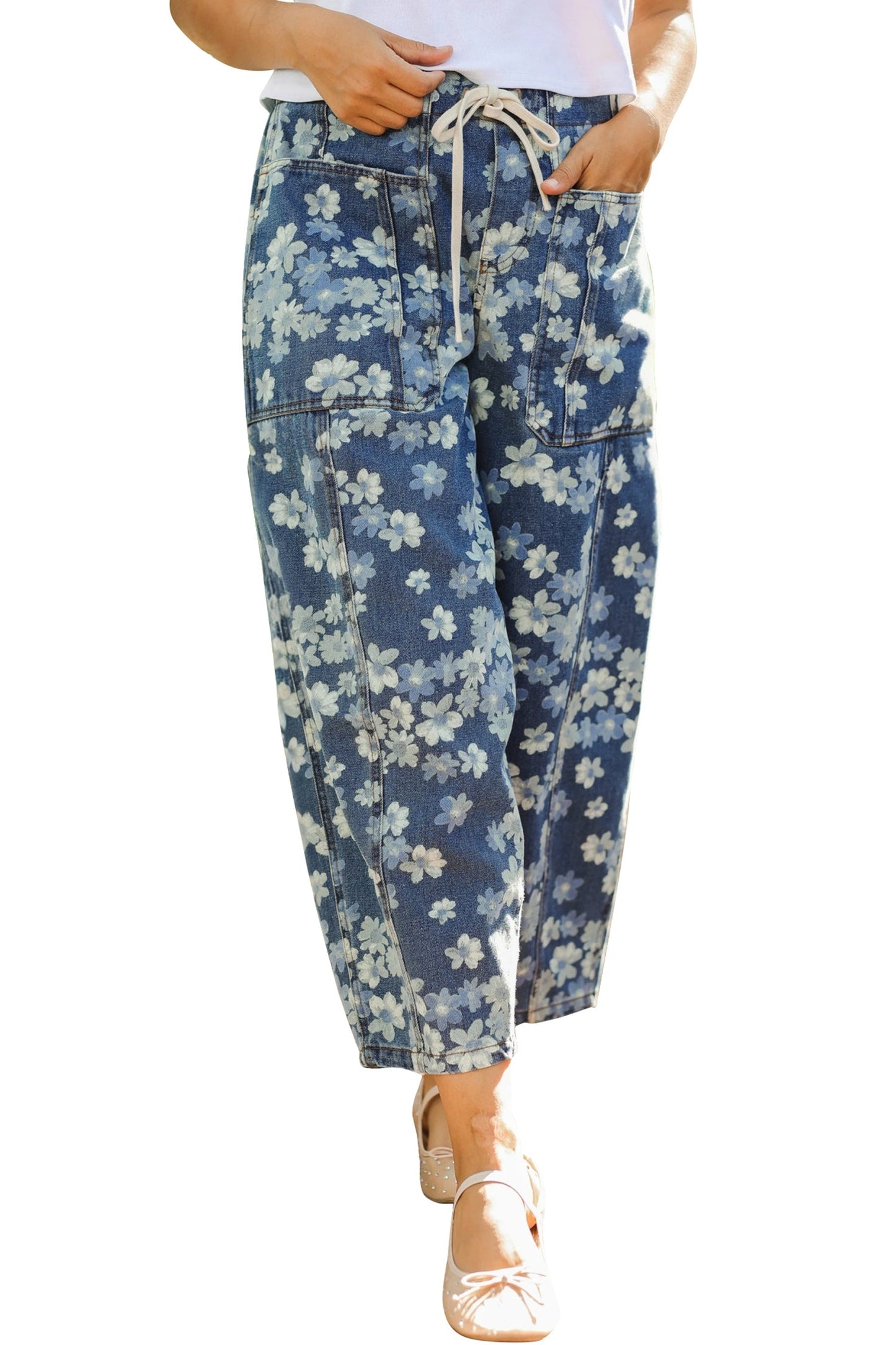 Sky Blue Dainty Floral Printed Drawstring Barrel Jeans