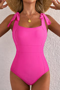 Solid Square Neck Tie Strap Open Back Swimsuit