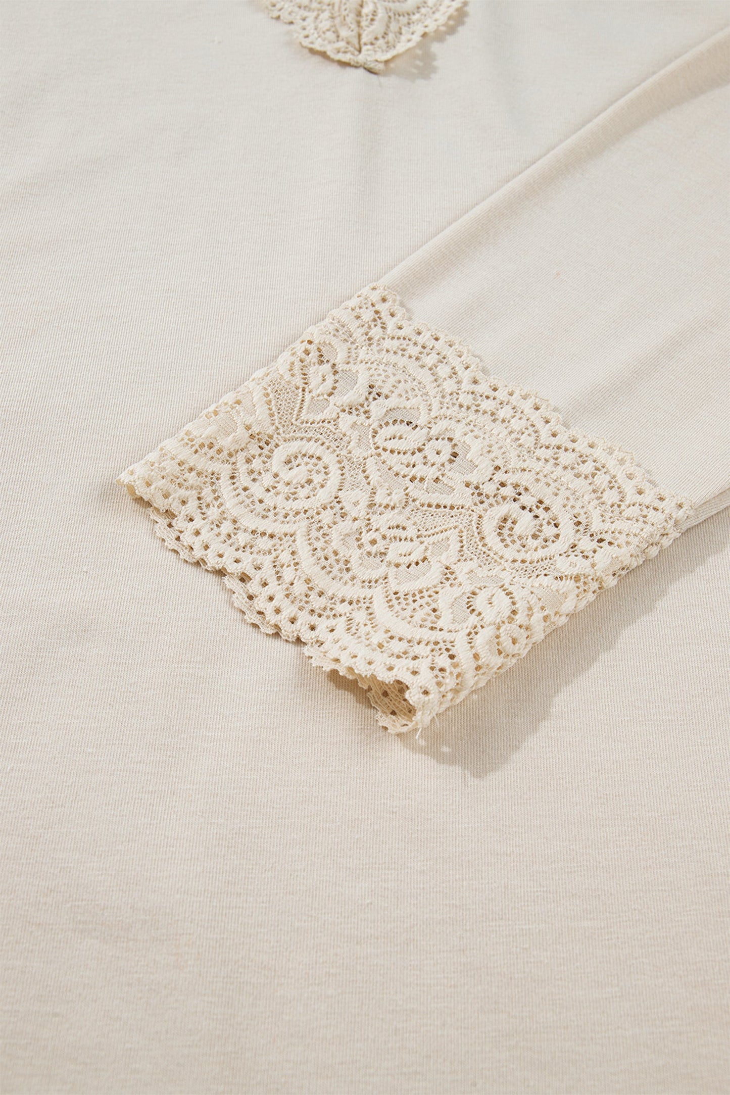 Apricot Lace Trim V Neck Long Sleeve Patchwork Pullover Top