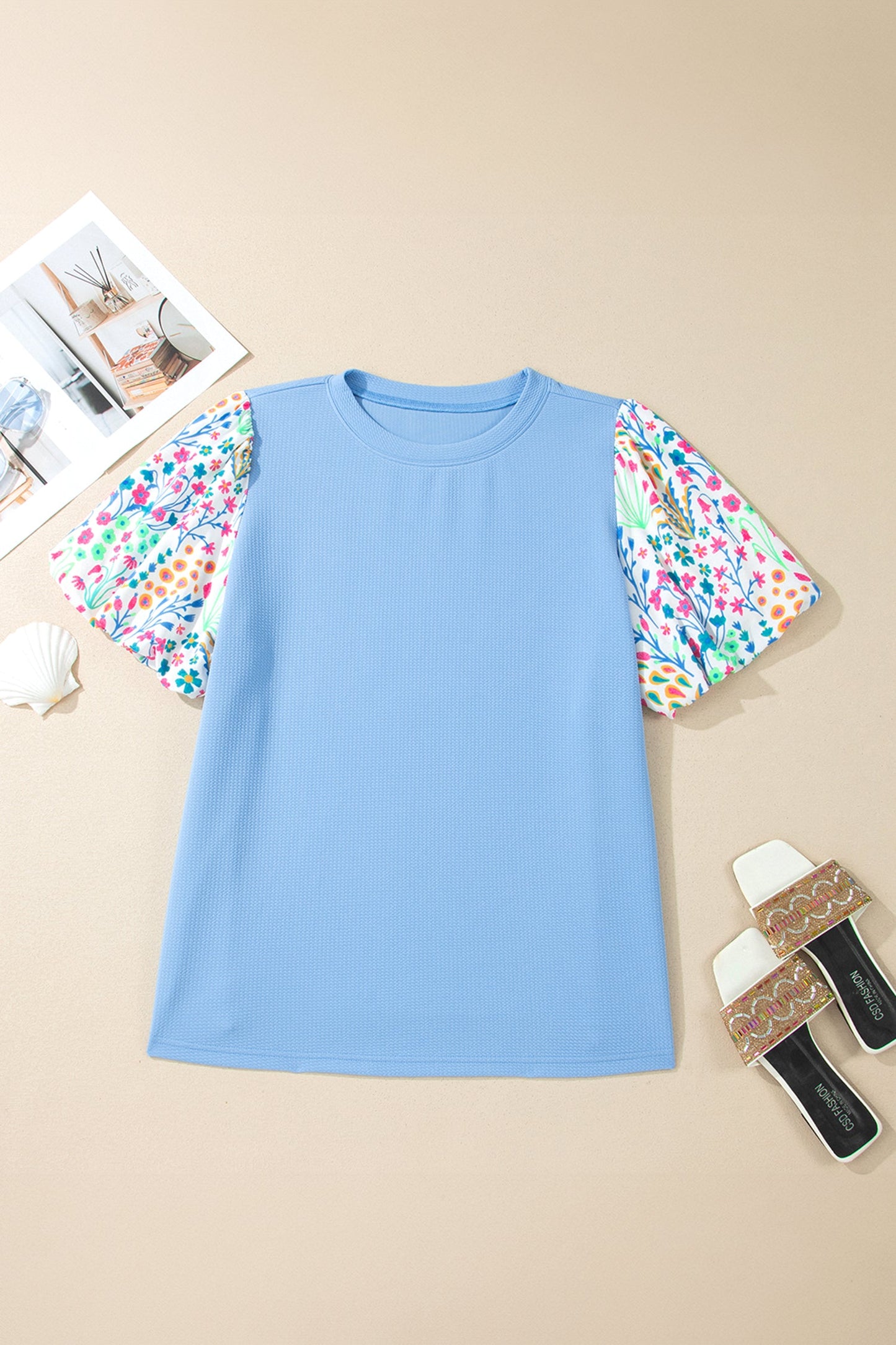 Raelynn Contrast Floral Sleeve PLUS Top Threaded Pear