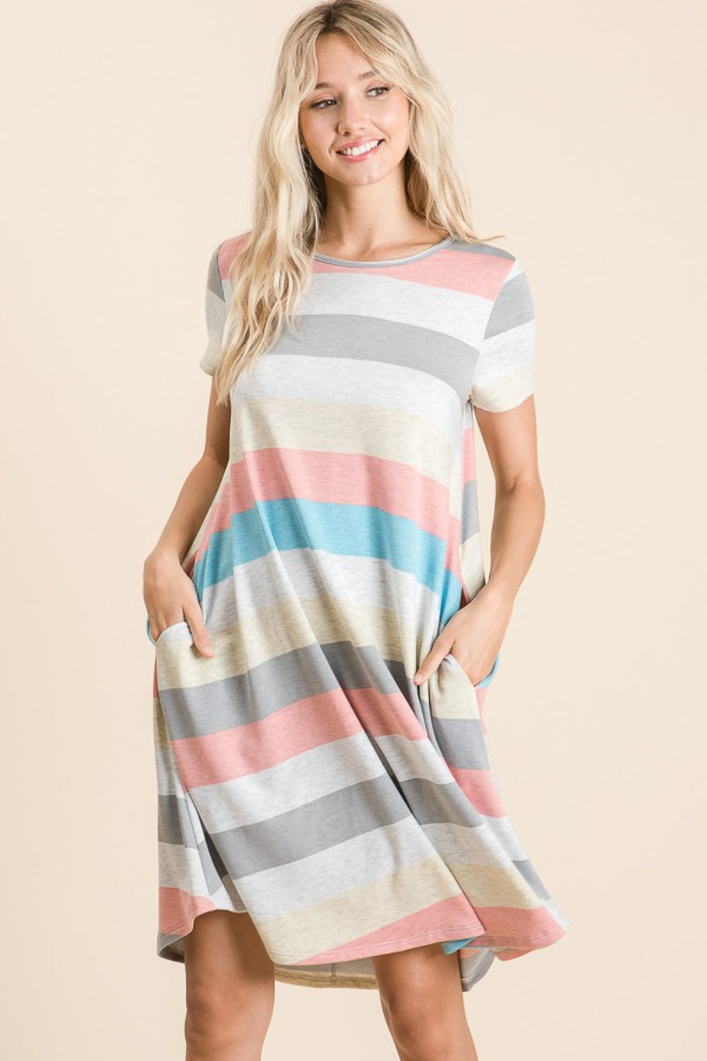 BOMBOM Striped Short Sleeve Dress with Pockets Creative Chaos Boutique