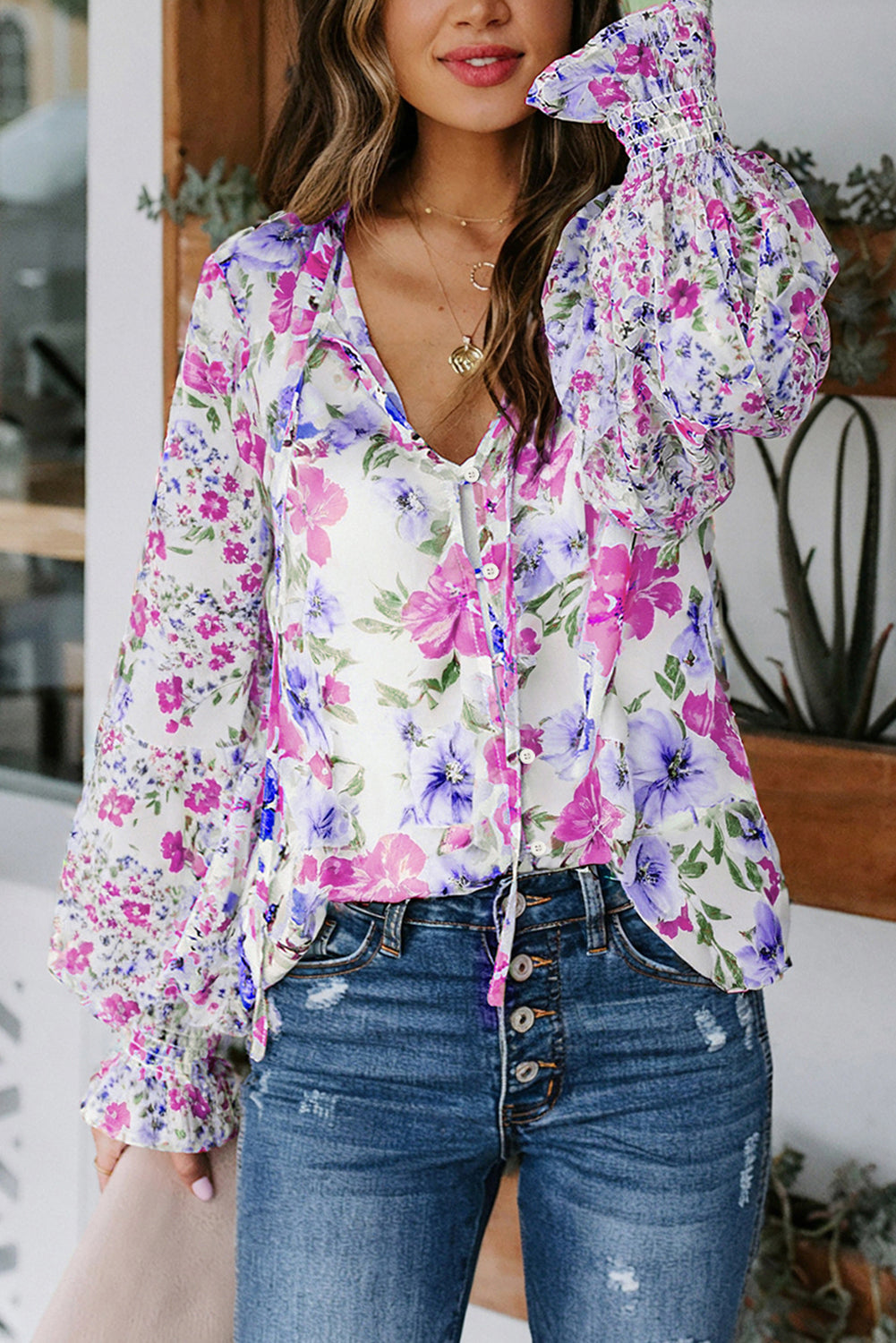 Blue Cakewalk Floral Smocked Blouse Wild and Free Boutique