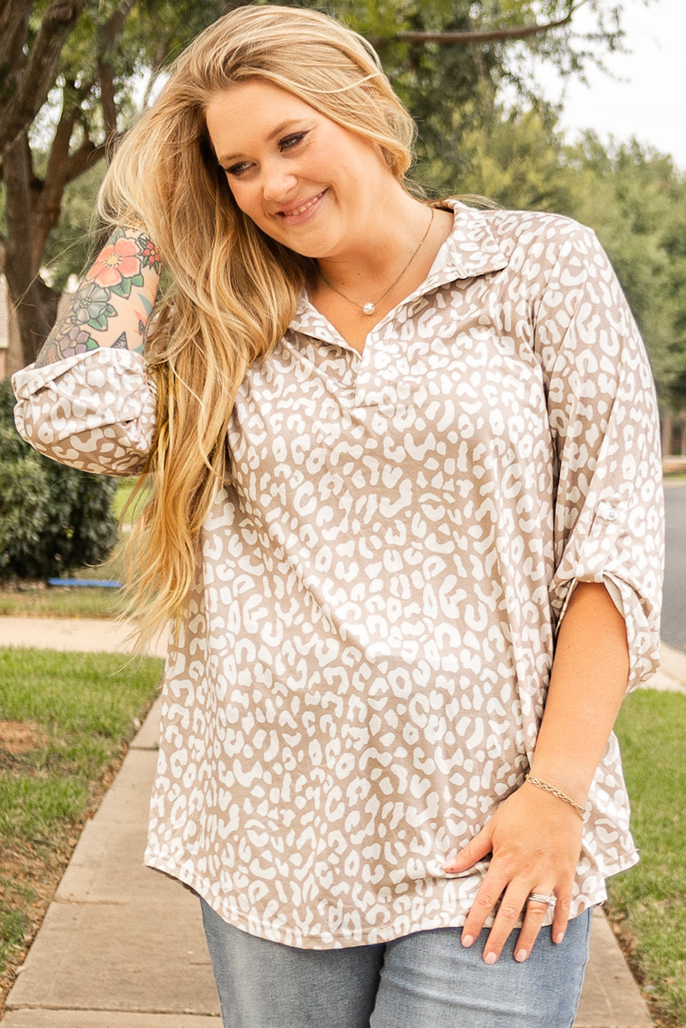 Apricot Leopard Tab Sleeve V Neck Plus Size Top Wild and Free Boutique