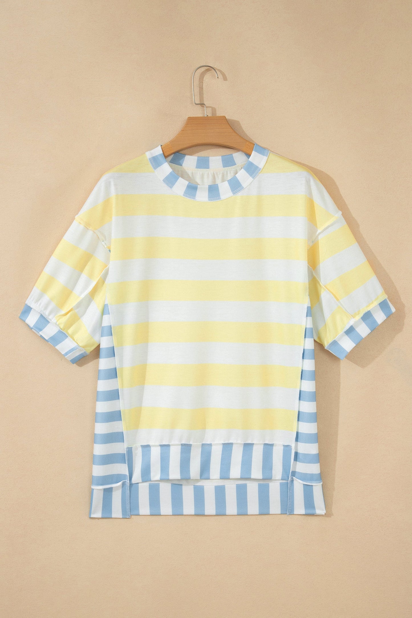 Yellow Stripe Exposed Seam Contrast Patchwork Oversized Top Unique Oils