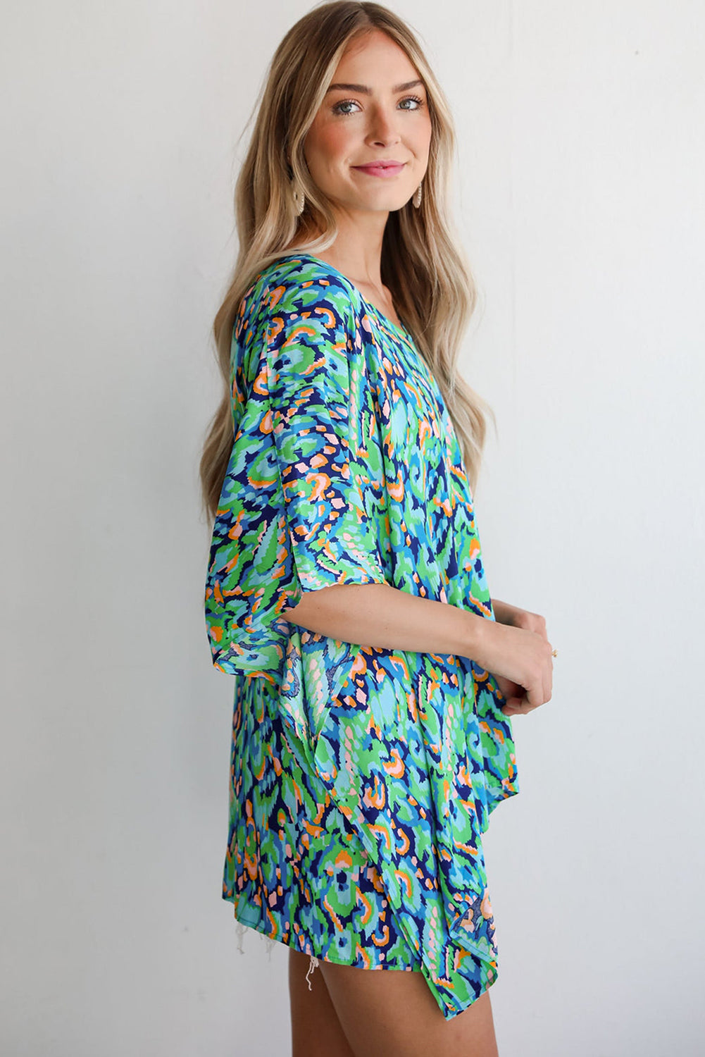 Pink Abstract Print V Neck Half Sleeve Loose Fit Tunic Blouse Wild and Free Boutique