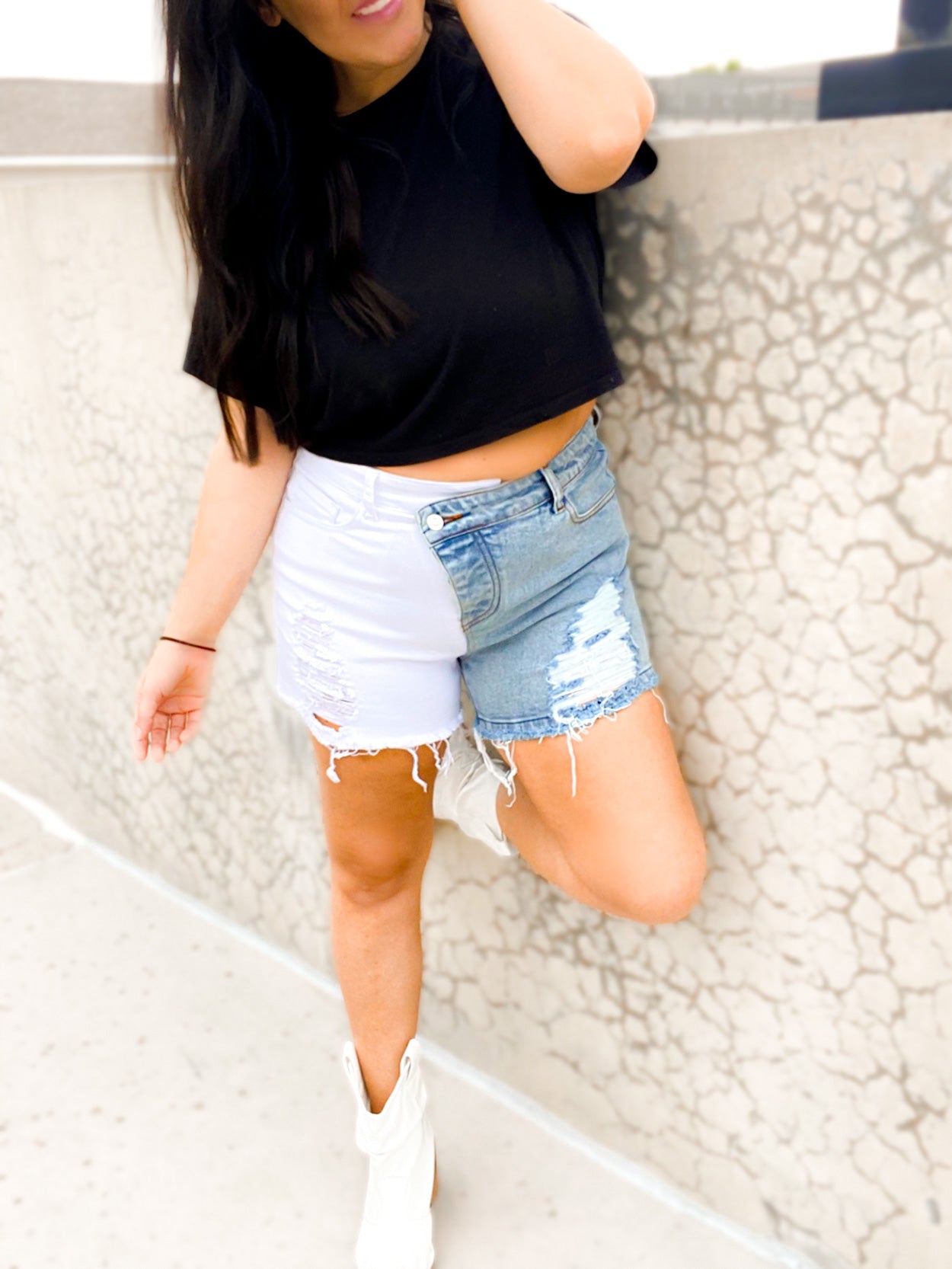 Callie Crossover Colorblock Denim Shorts Girl Code Couture
