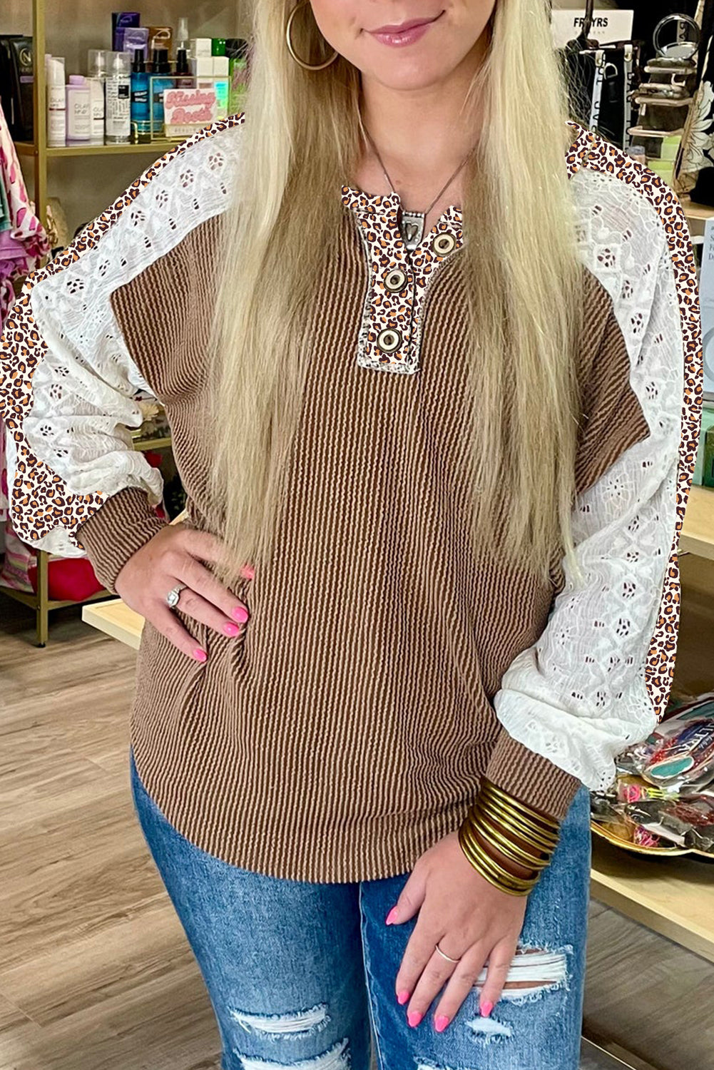 Vineyard Green Texture Patchwork Lace Sleeve Leopard Henley Top
