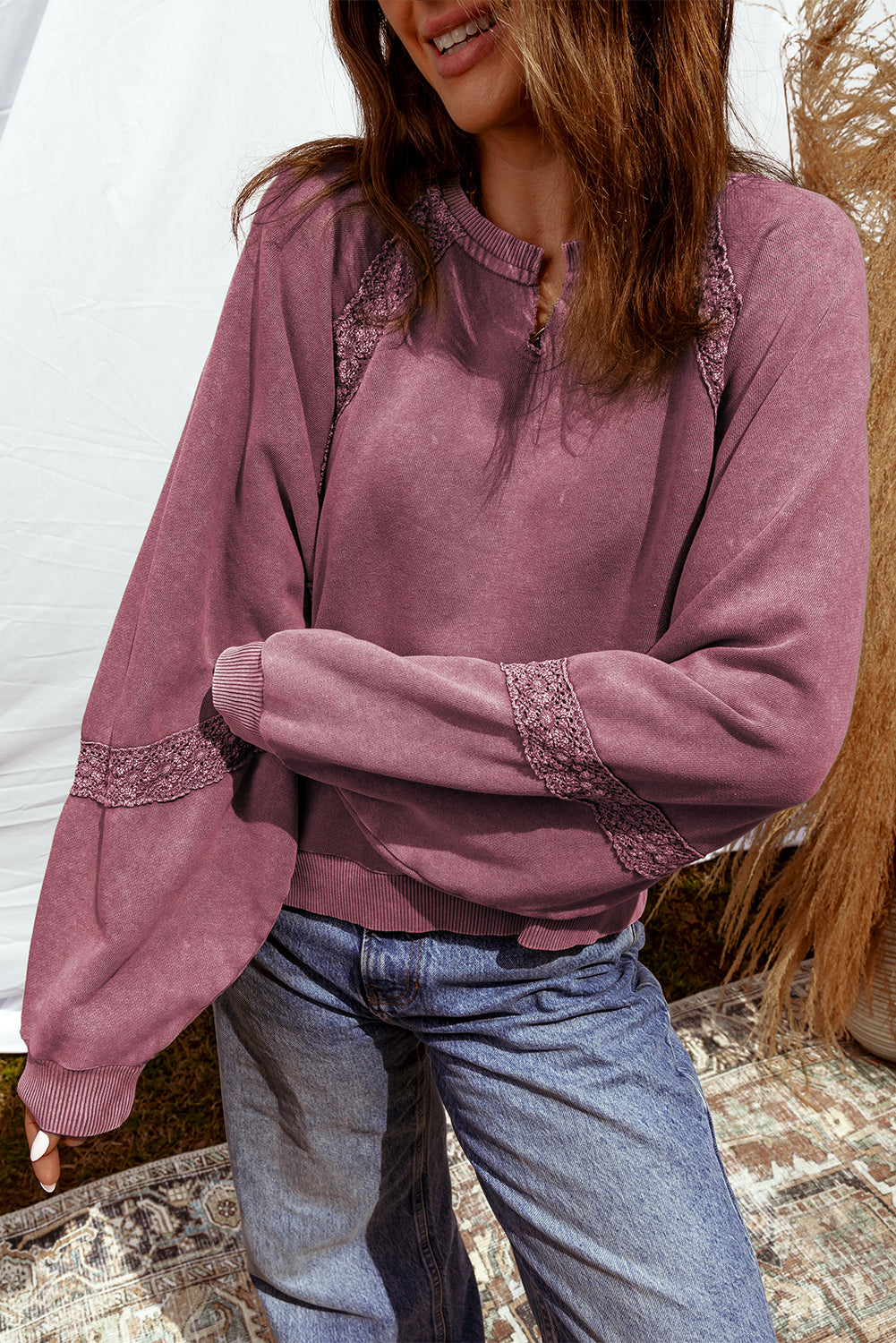 Red Dahlia Lace Patchwork Detail Notched Neck Mineral Wash Baggy Sweatshirt