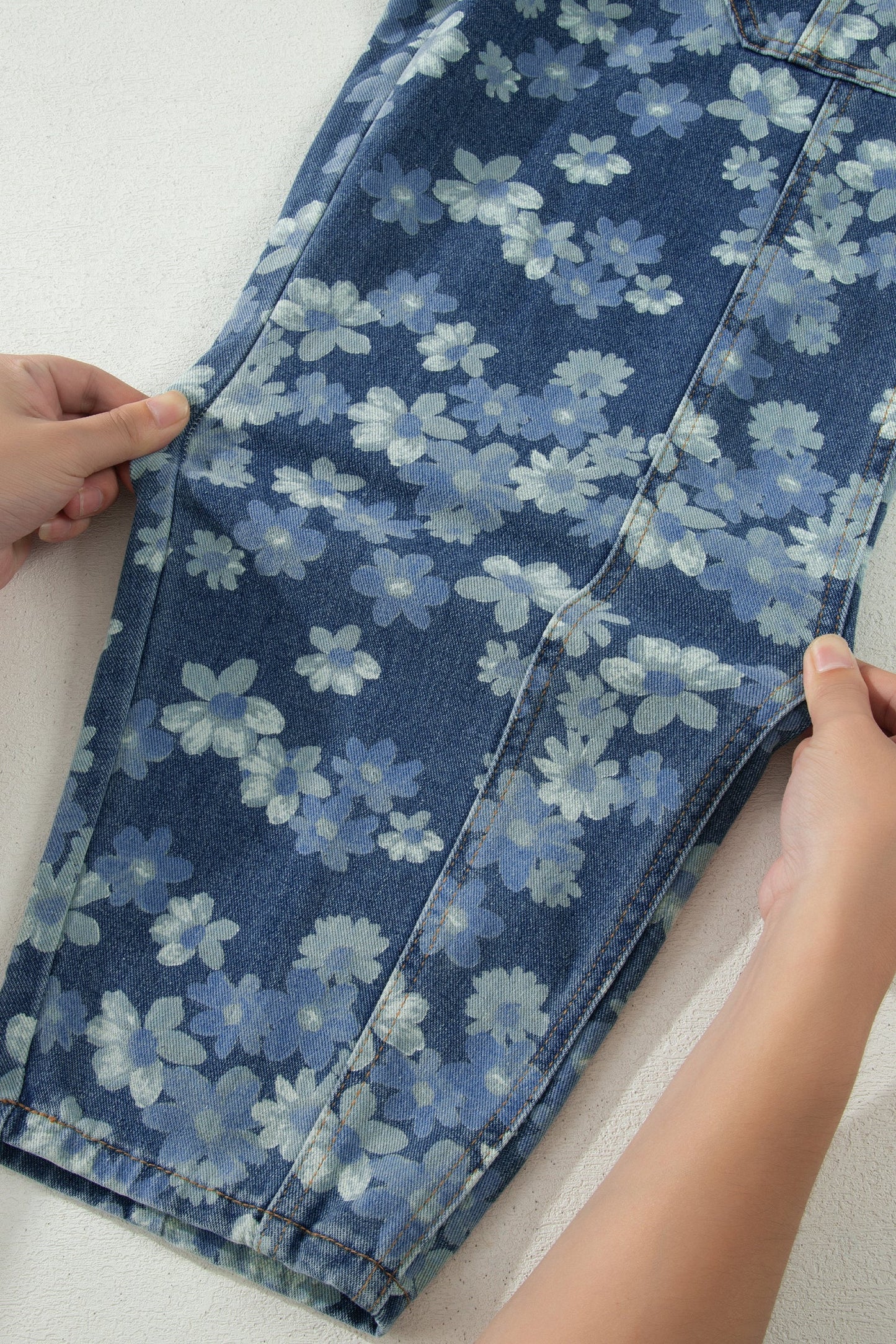 Sky Blue Dainty Floral Printed Drawstring Barrel Jeans