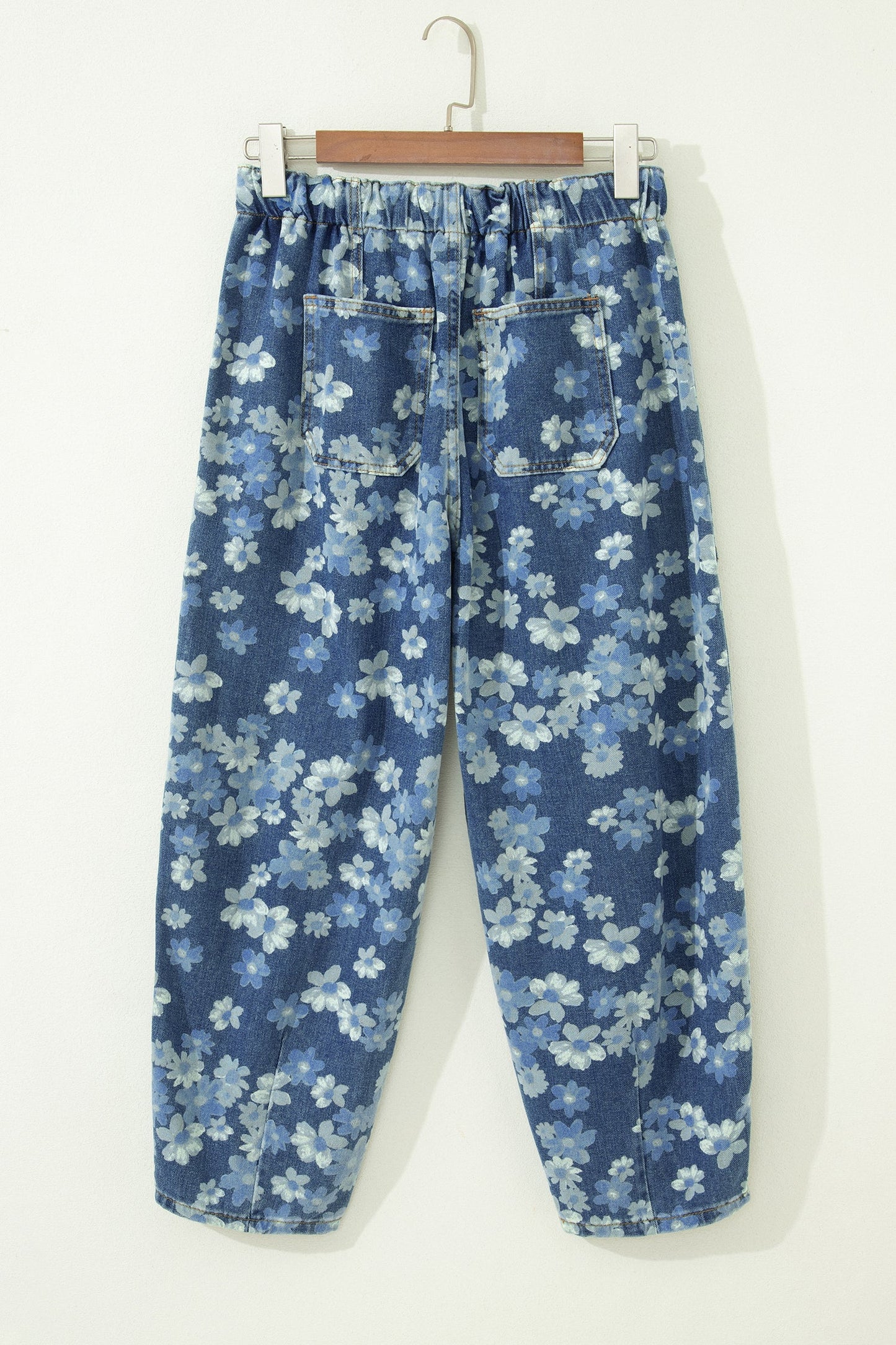 Sky Blue Dainty Floral Printed Drawstring Barrel Jeans