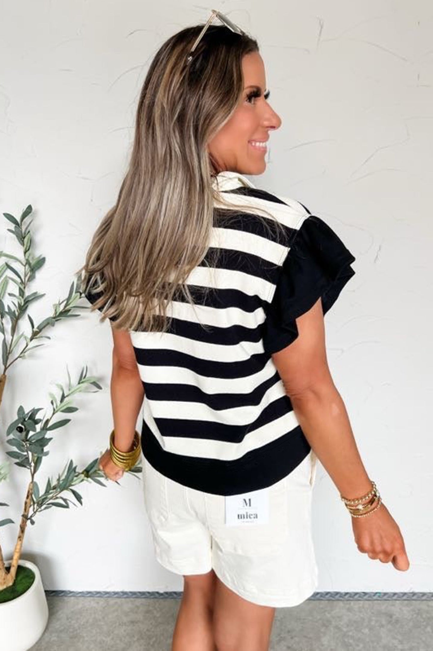 Pink Stripe Collar V Neck Ruffled Short Sleeve Blouse