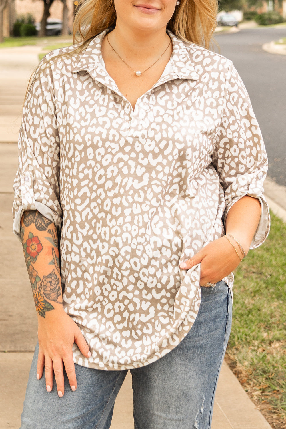 Apricot Leopard Tab Sleeve V Neck Plus Size Top Wild and Free Boutique