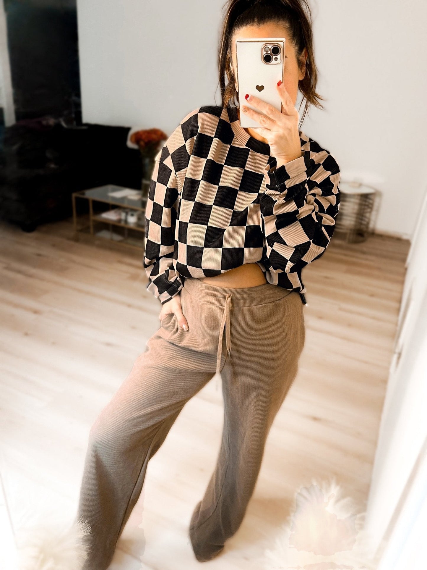 Checkered Corded Crew Sweater Set Girl Code Couture