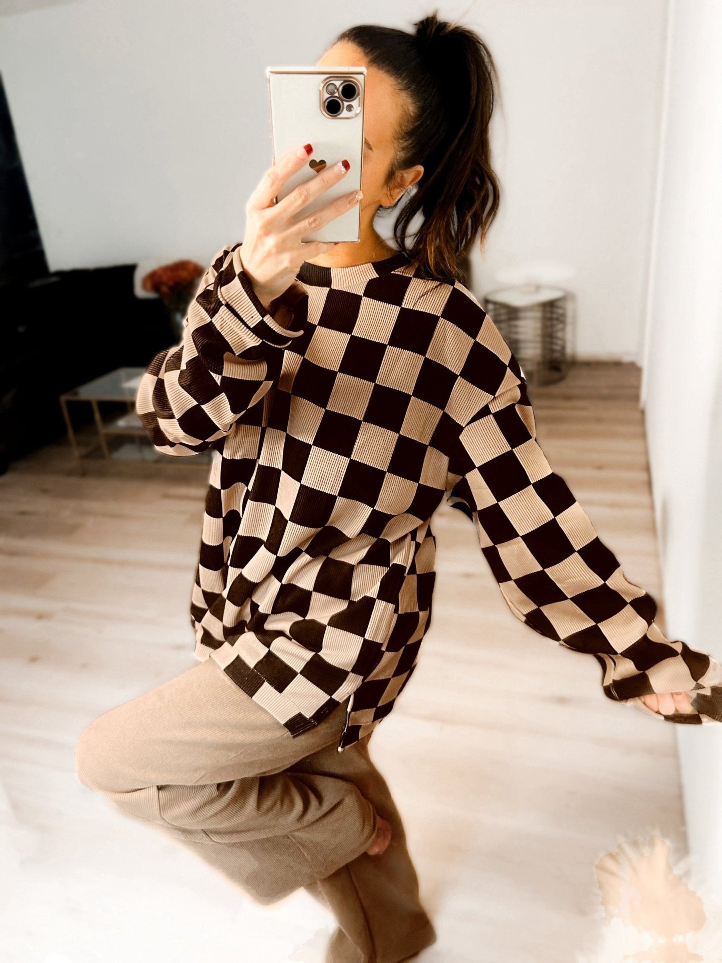 Checkered Corded Crew Sweater Set Girl Code Couture