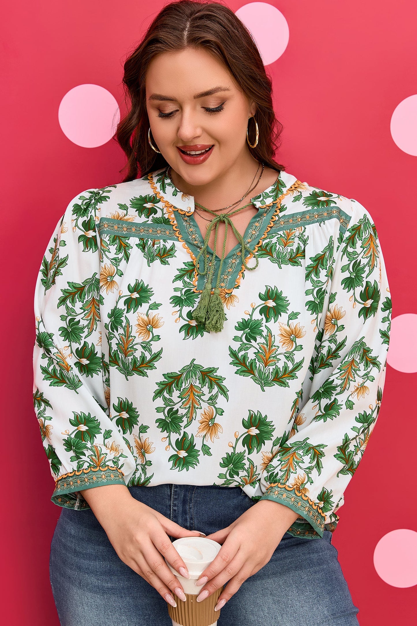 Green Plus Size Floral Printed Contrast Patchwork Detail Tassel Tie 3/4 Sleeve Blouse