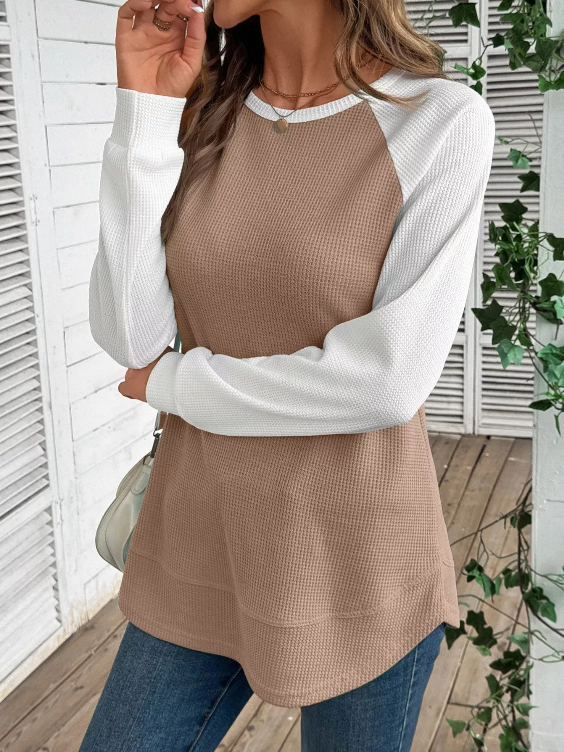 Waffle Knit Raglan Sleeve T-Shirt