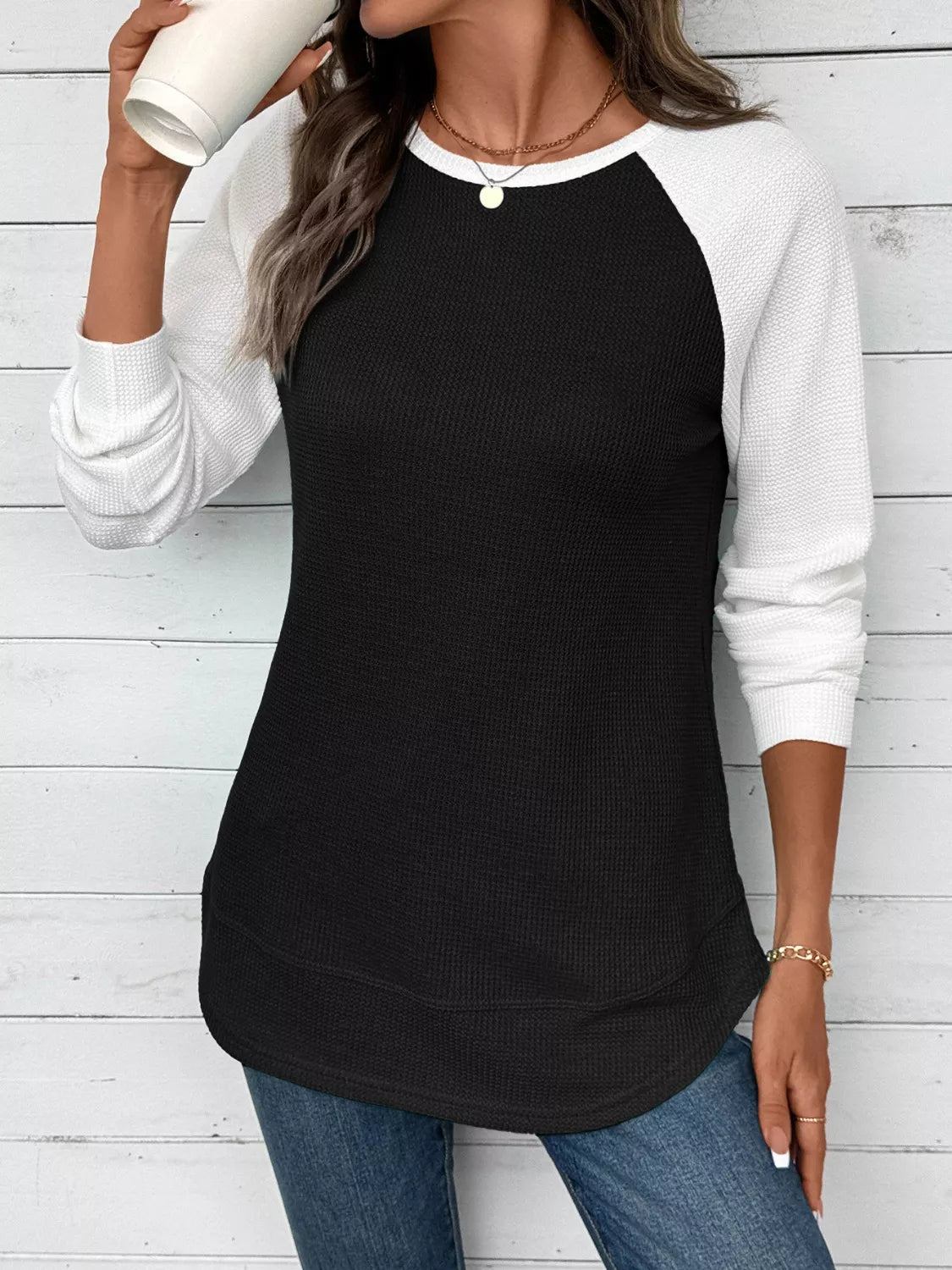 Waffle Knit Raglan Sleeve T-Shirt