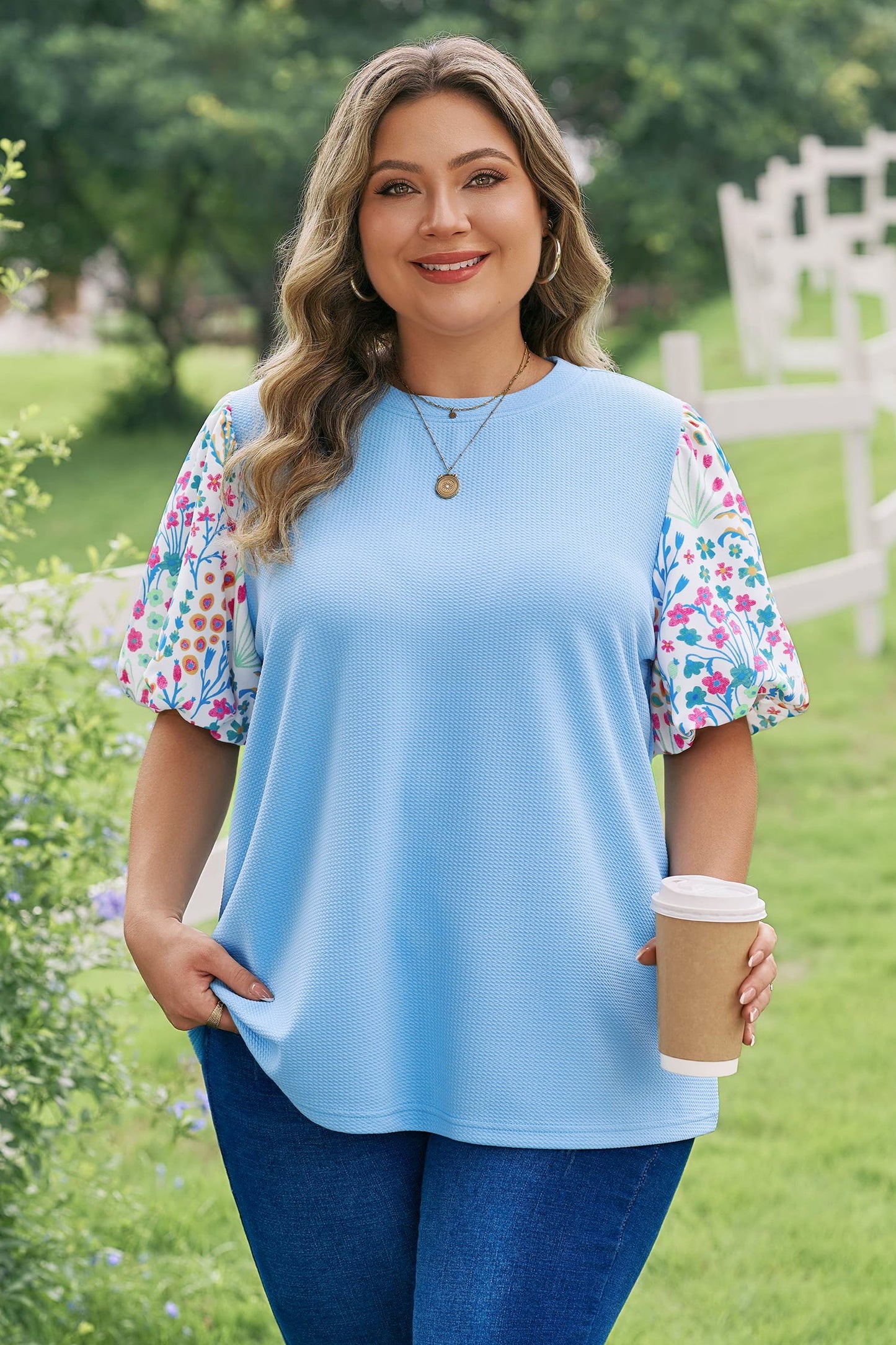 Raelynn Contrast Floral Sleeve PLUS Top Threaded Pear