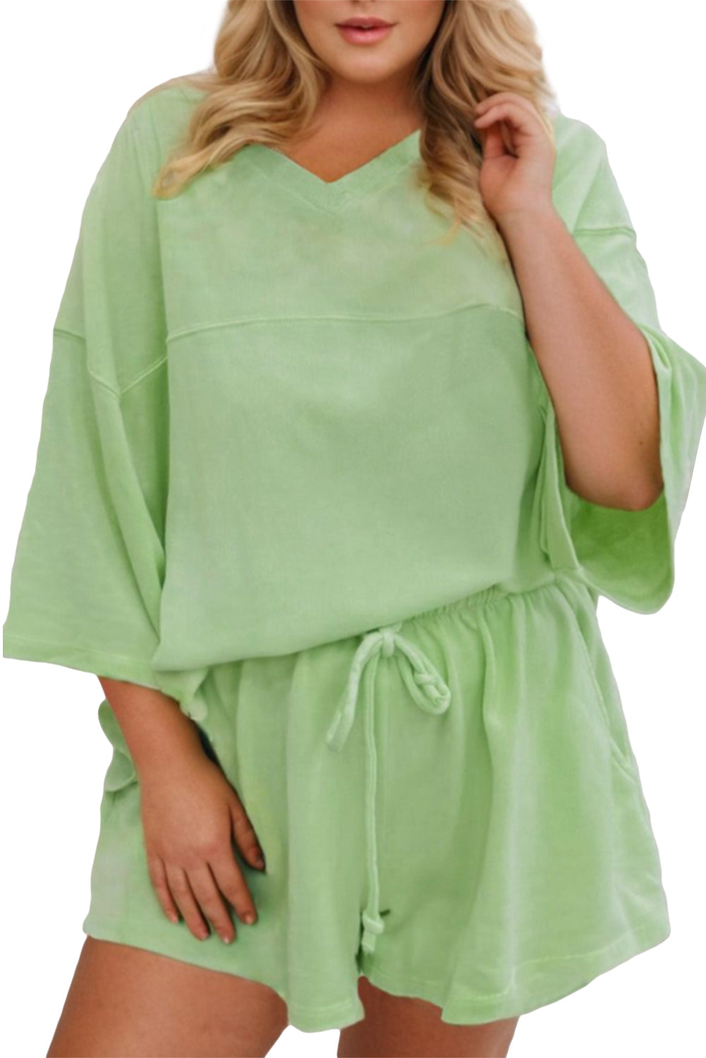 Meadow Mist Green Plus Size V Neck Drop Shoulder Tee Loose Shorts Set