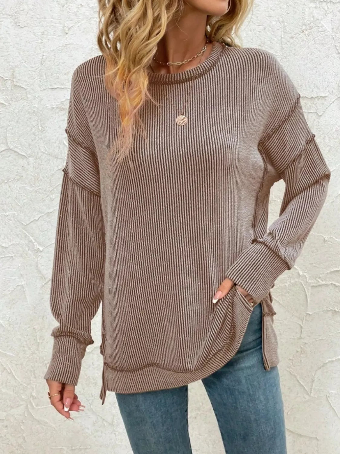 Side Slit Round Neck Sweatshirt