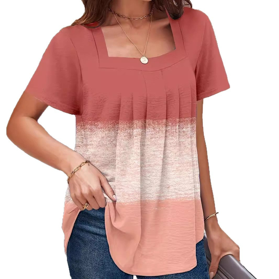 Square Collar Pleated Ruffle Short Sleeve Top – Pink