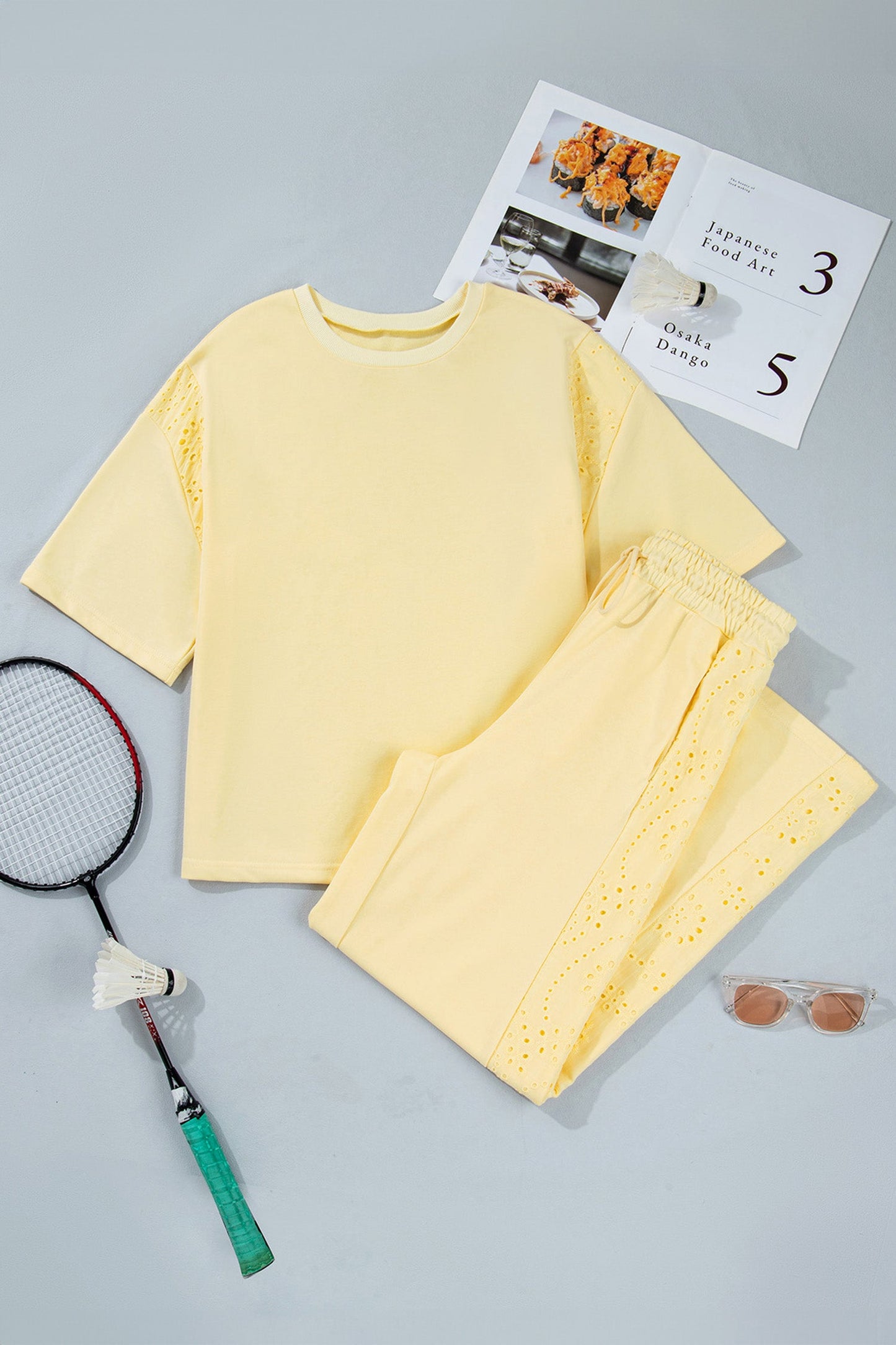Sachet Pink Lace Patchwork Half Sleeve Top Elastic Waist Pants Two Piece Set