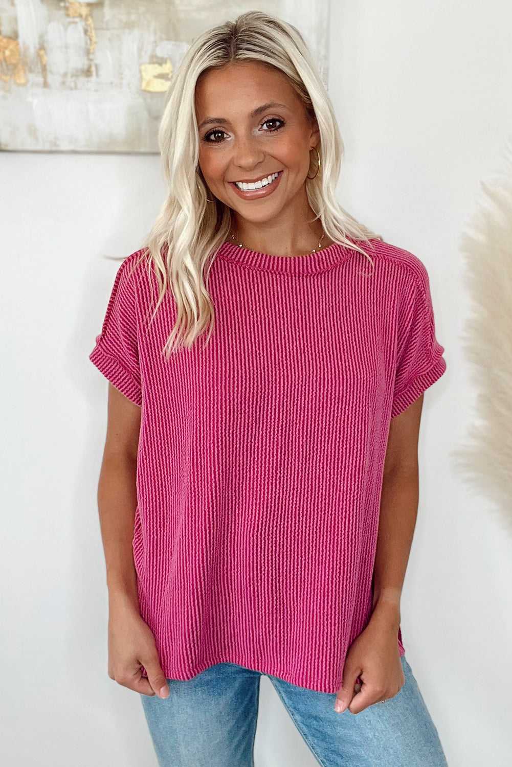White Crinkle Rib Textured Knit Round Neck T Shirt