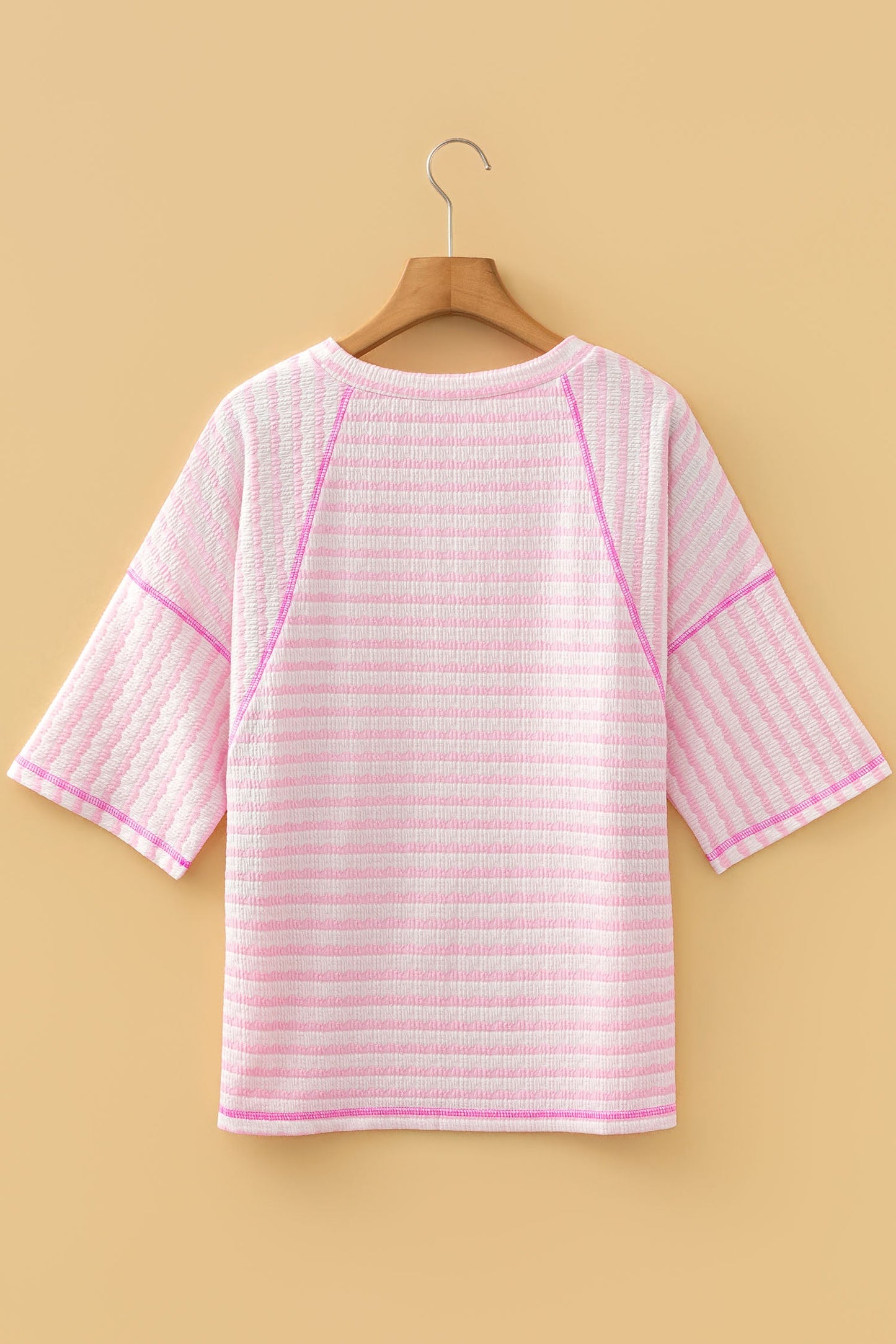 Noelle Textured Knit Split Hem Half Sleeve Loose Top - Pink Indie & Co.