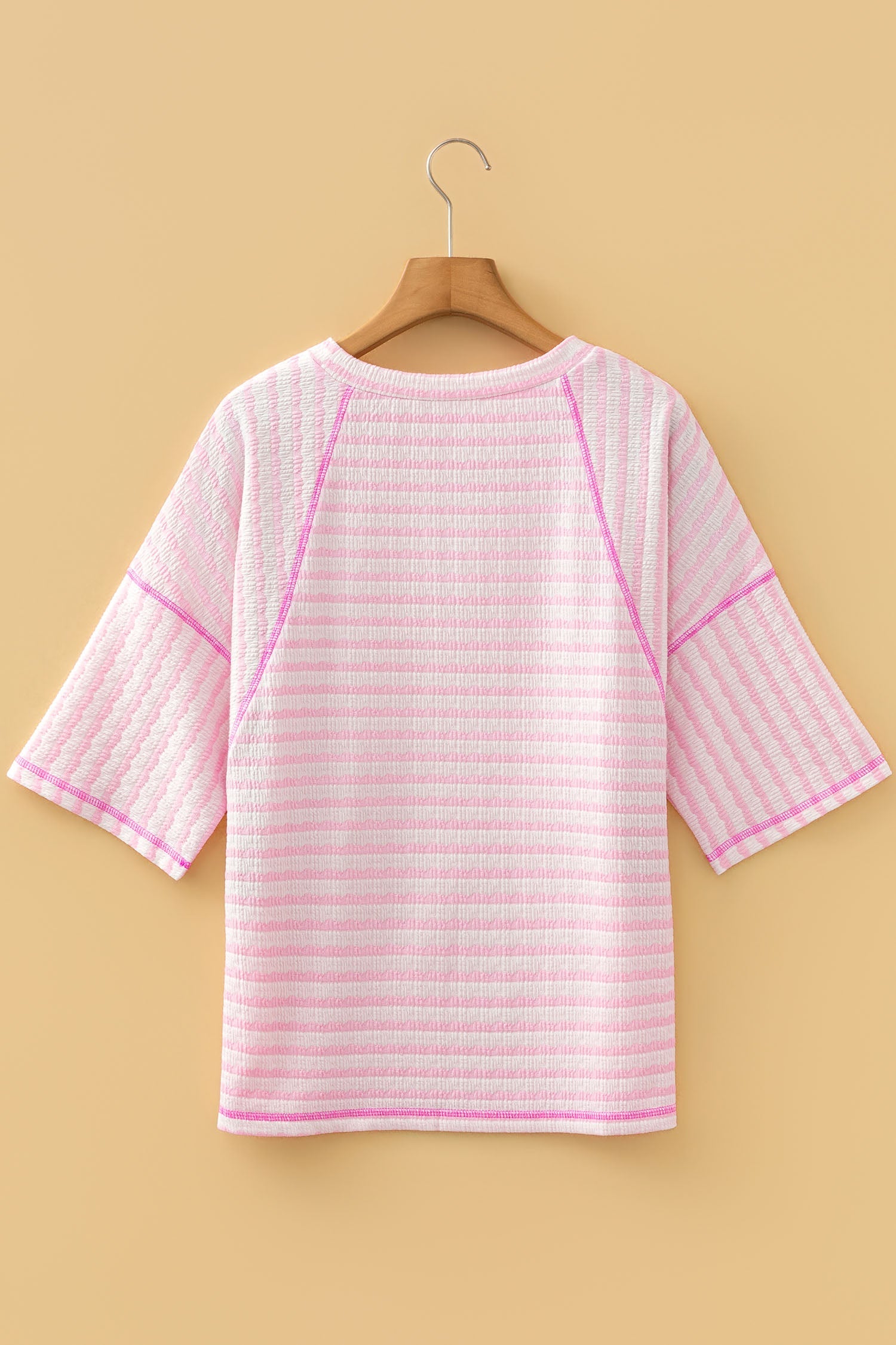 Noelle Textured Knit Split Hem Half Sleeve Loose Top - Pink Indie & Co.