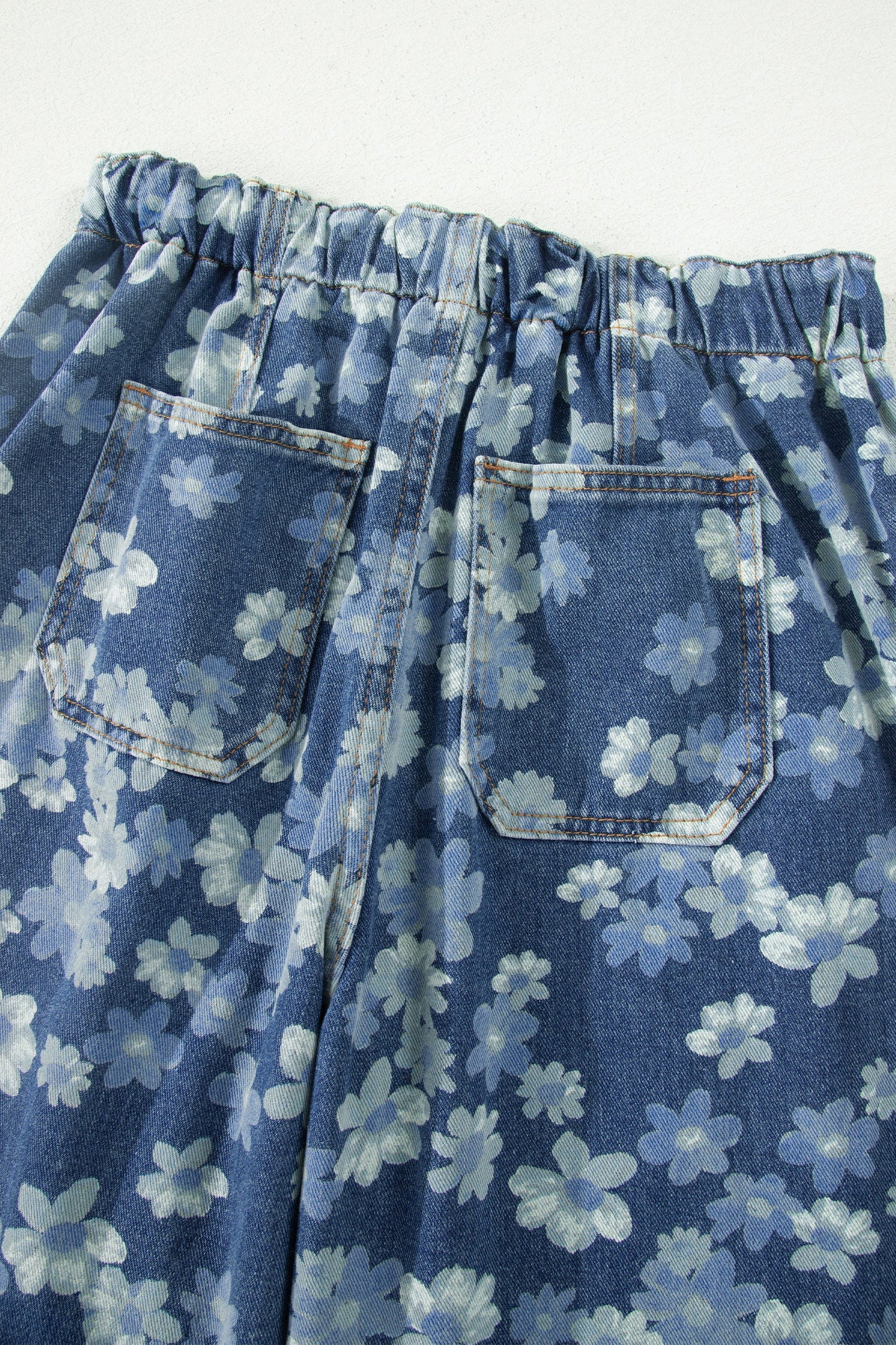Sky Blue Dainty Floral Printed Drawstring Barrel Jeans
