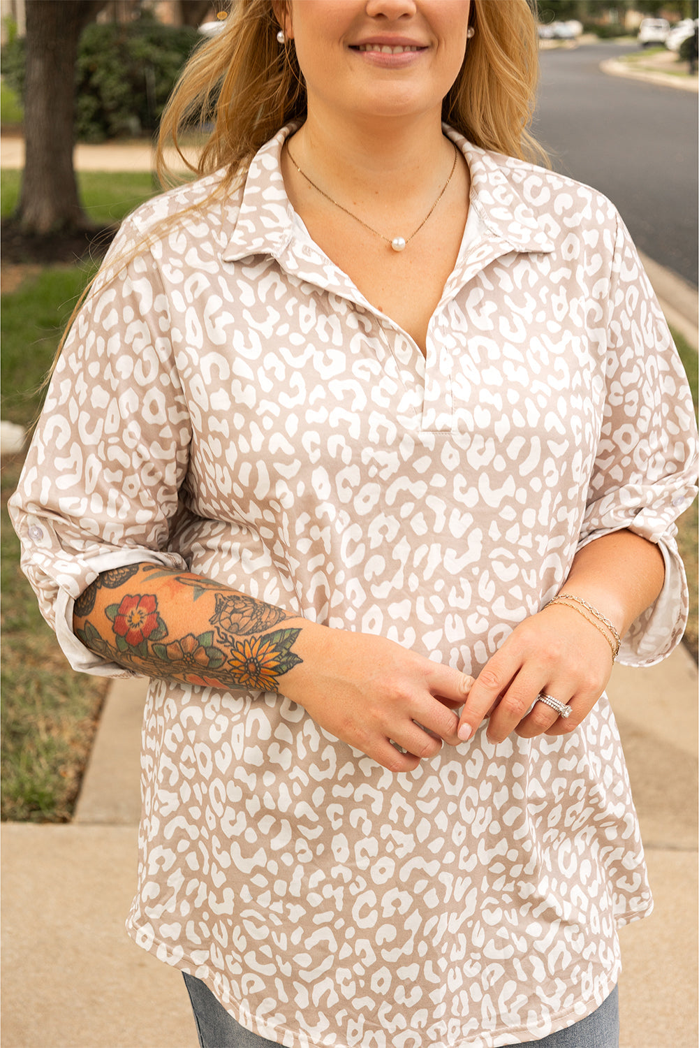 Apricot Leopard Tab Sleeve V Neck Plus Size Top Wild and Free Boutique