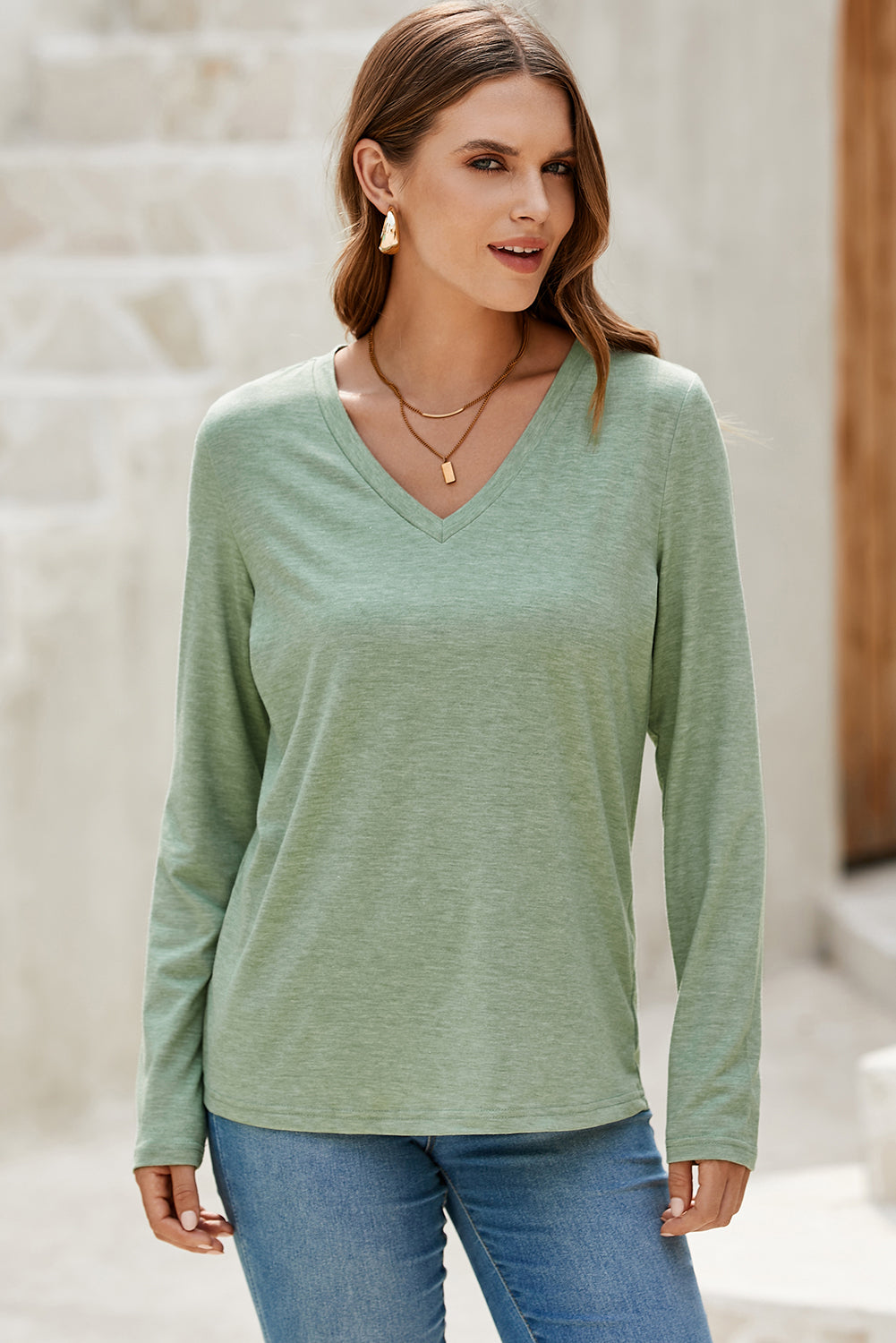 Grass Green Solid Color V Neck Long Sleeve Stretchy Top Wild and Free Boutique