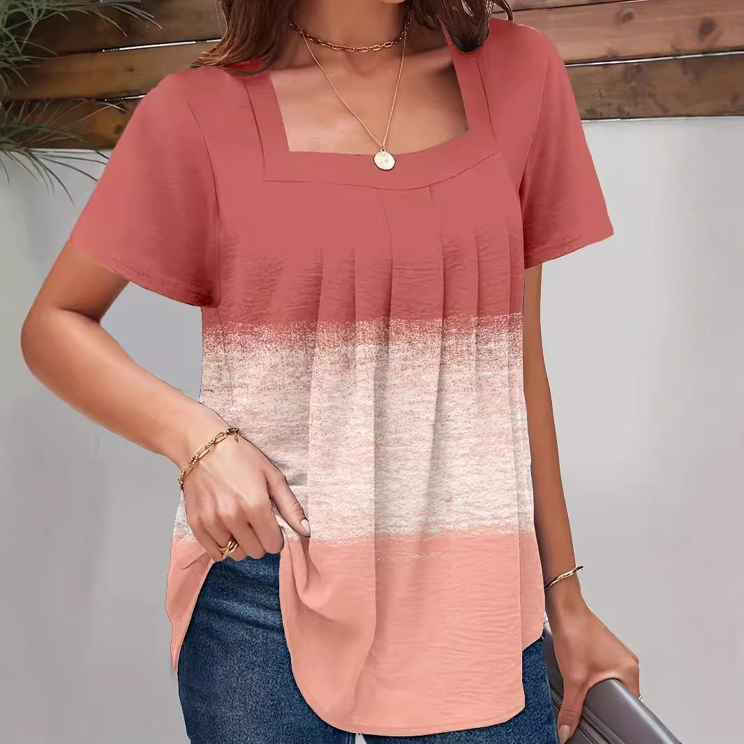 Square Collar Pleated Ruffle Short Sleeve Top – Pink