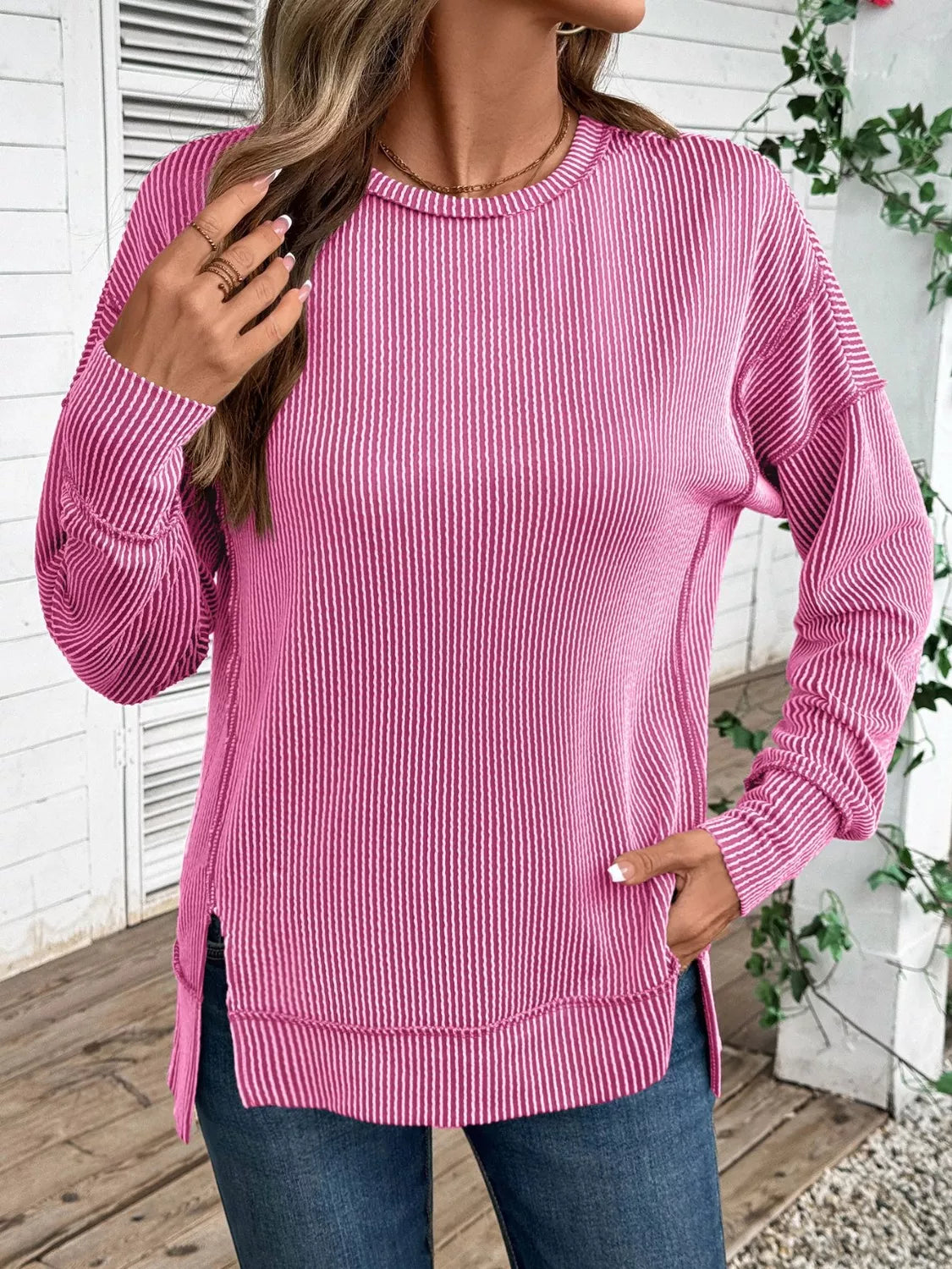 Side Slit Round Neck Sweatshirt