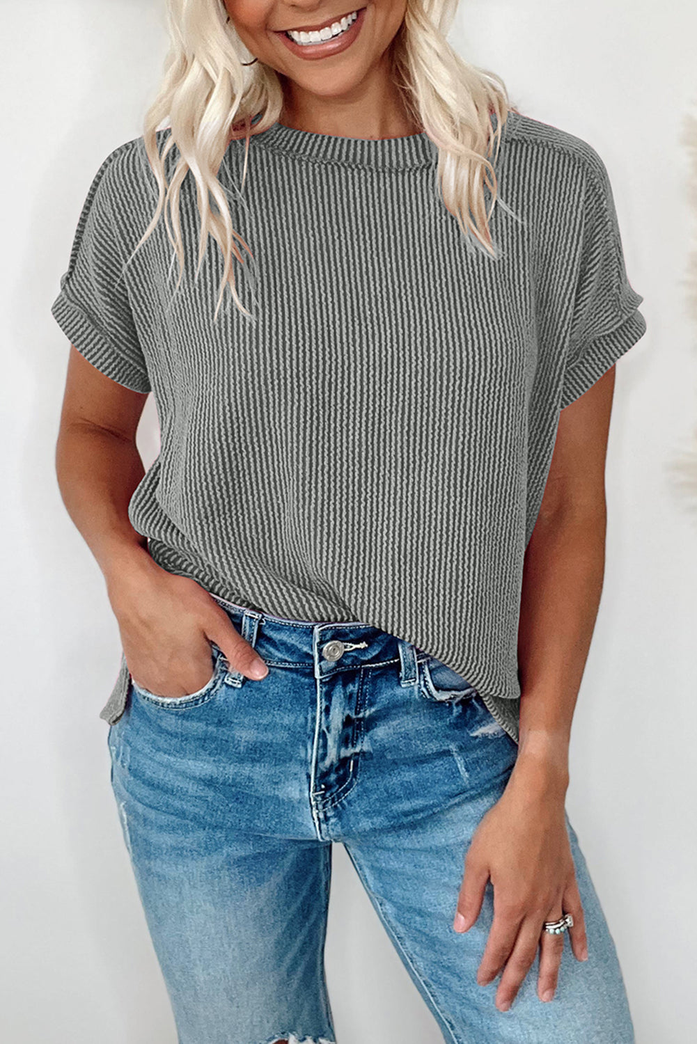White Crinkle Rib Textured Knit Round Neck T Shirt