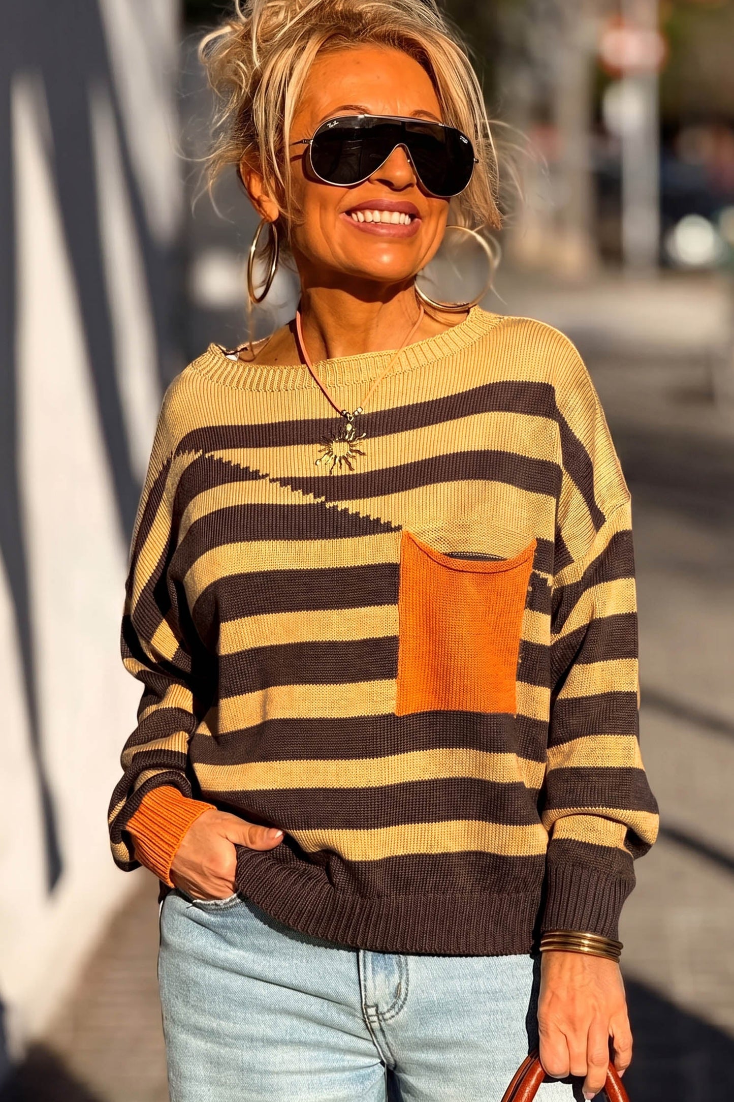 Brown Stripe Striped Drop Shoulder Colorblock Pullover Sweater