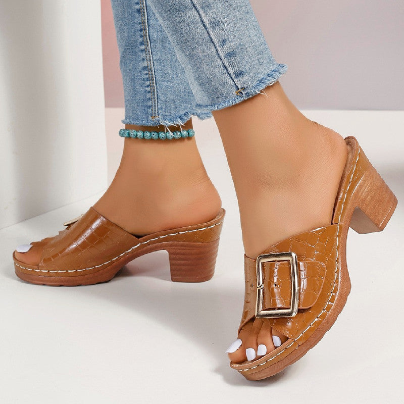 Women's Crocodile-Texture Peep-Toe Chunky Heel Sandals